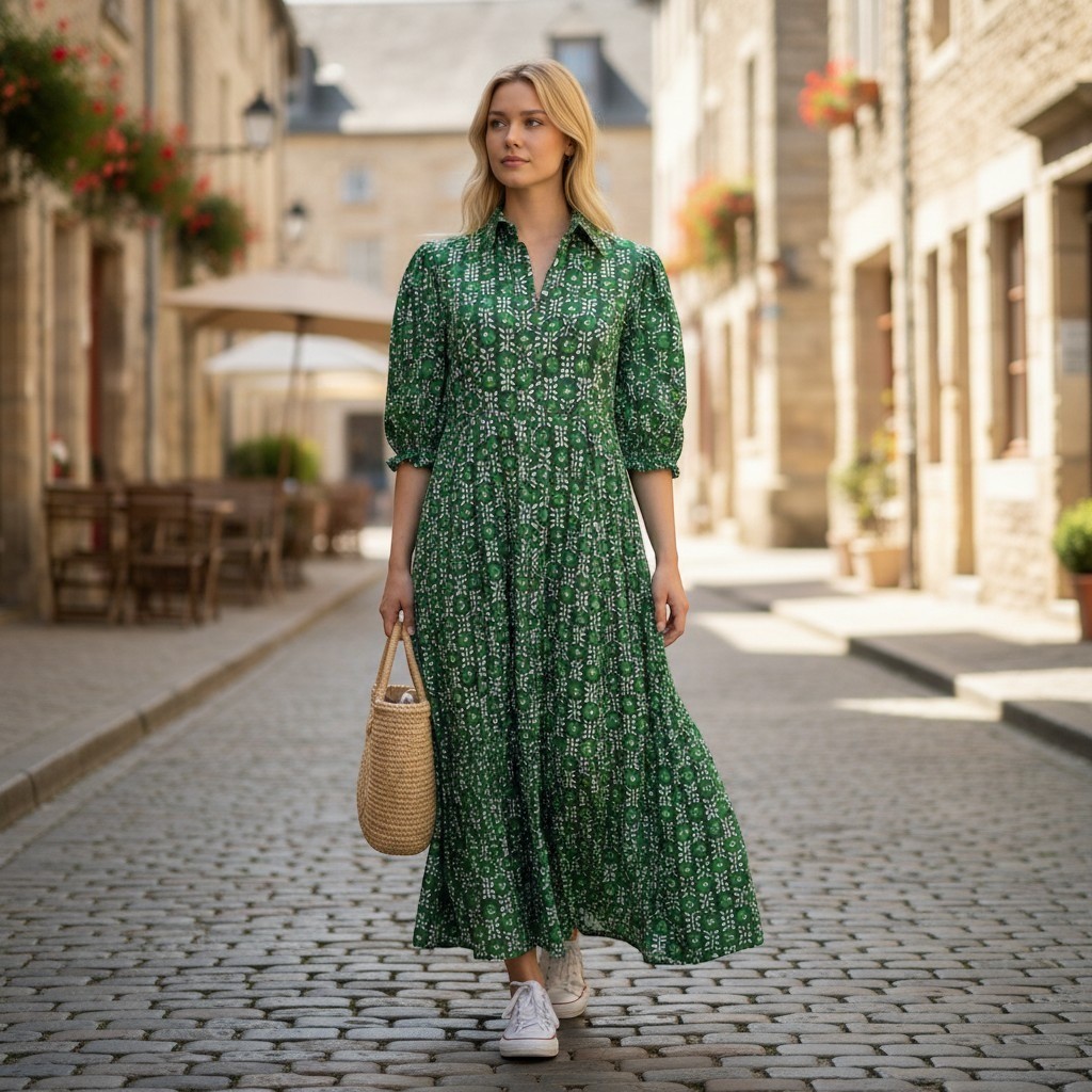 Livro Green Floral Puff Sleeve Button Front Maxi Dress Size XS Boho Tiered Skirt