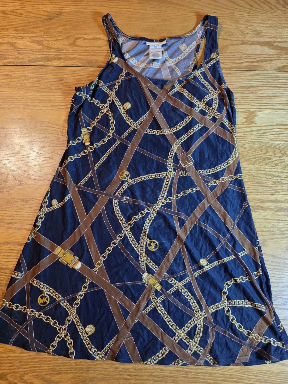 Michael Kors Navy/Brown/Gold Geometric Logo Shift Dress Scoop Neck M