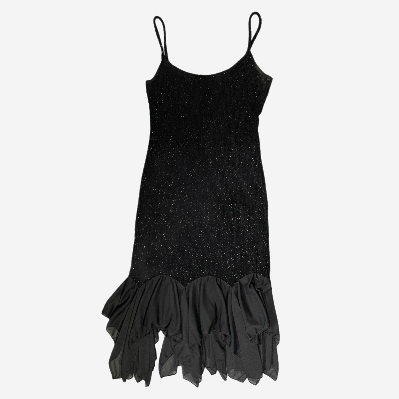 Vintage Y2K Onyx Nite Black glitter dress handkerchief hem holiday sparkle M