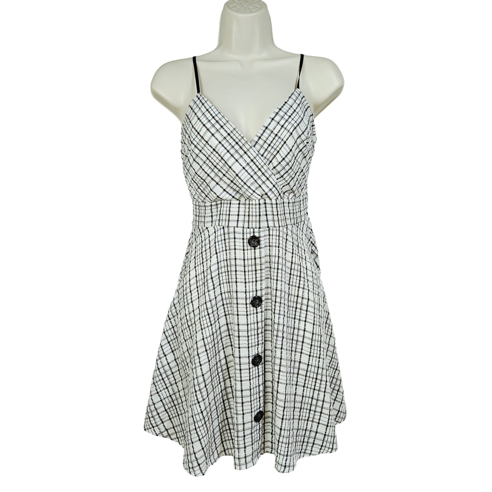 IBISS White Black Plaid Surplice Mini Dress S Dark Academia Preppy Girly Retro