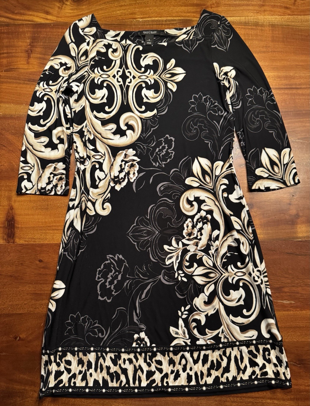 White House Black Market Womens Black Beige Floral Shift Dress 3/4 Sleeve Sz S