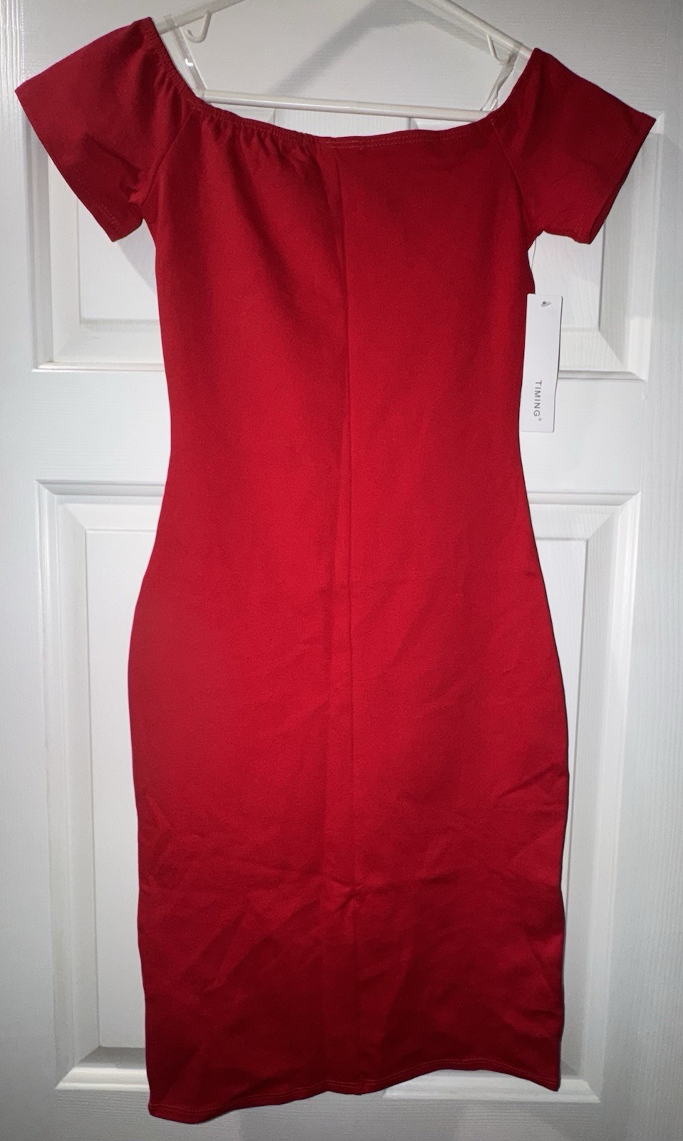 Timing Red Solid Off Shoulder Short Sleeve Stretch Bodycon Knee Dress Size S