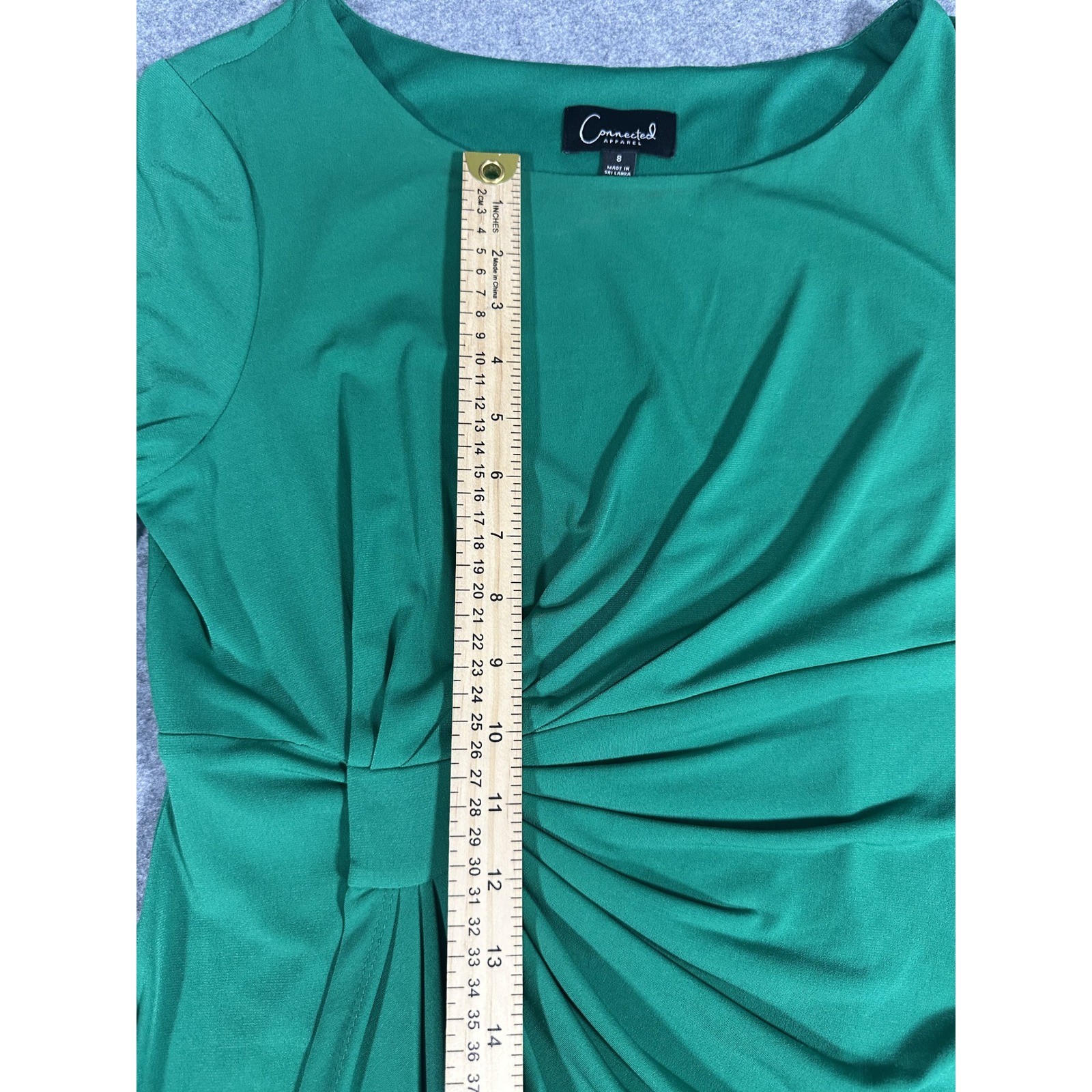 Connected Apparel Faux Wrap Sheath Dress 8 Green Bell Sleeve Gathered Sunburst