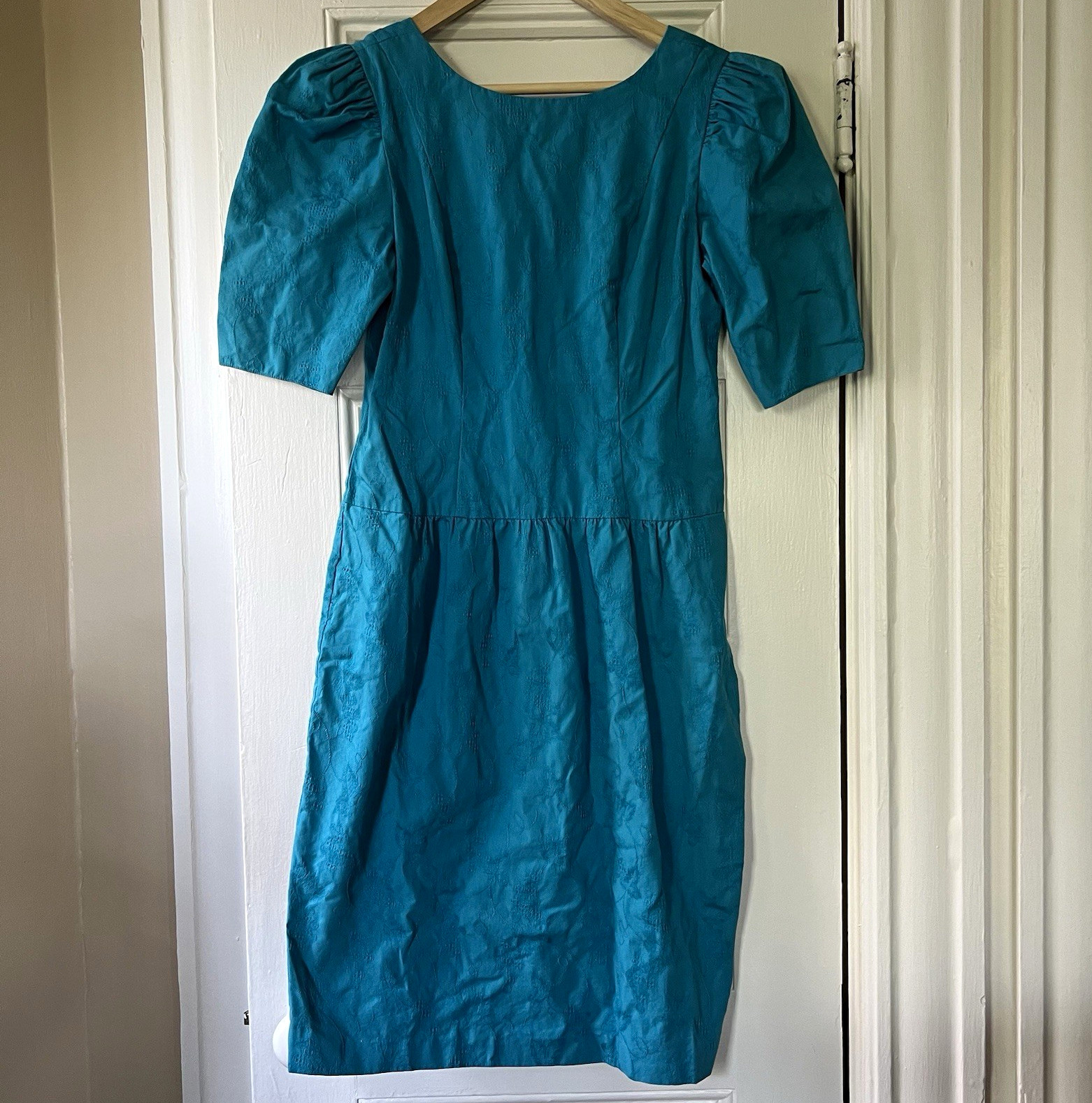Vintage 80’s Jane Schaffhausen Belle France Blue 100% Cotton Puff Sleeve Dress 4