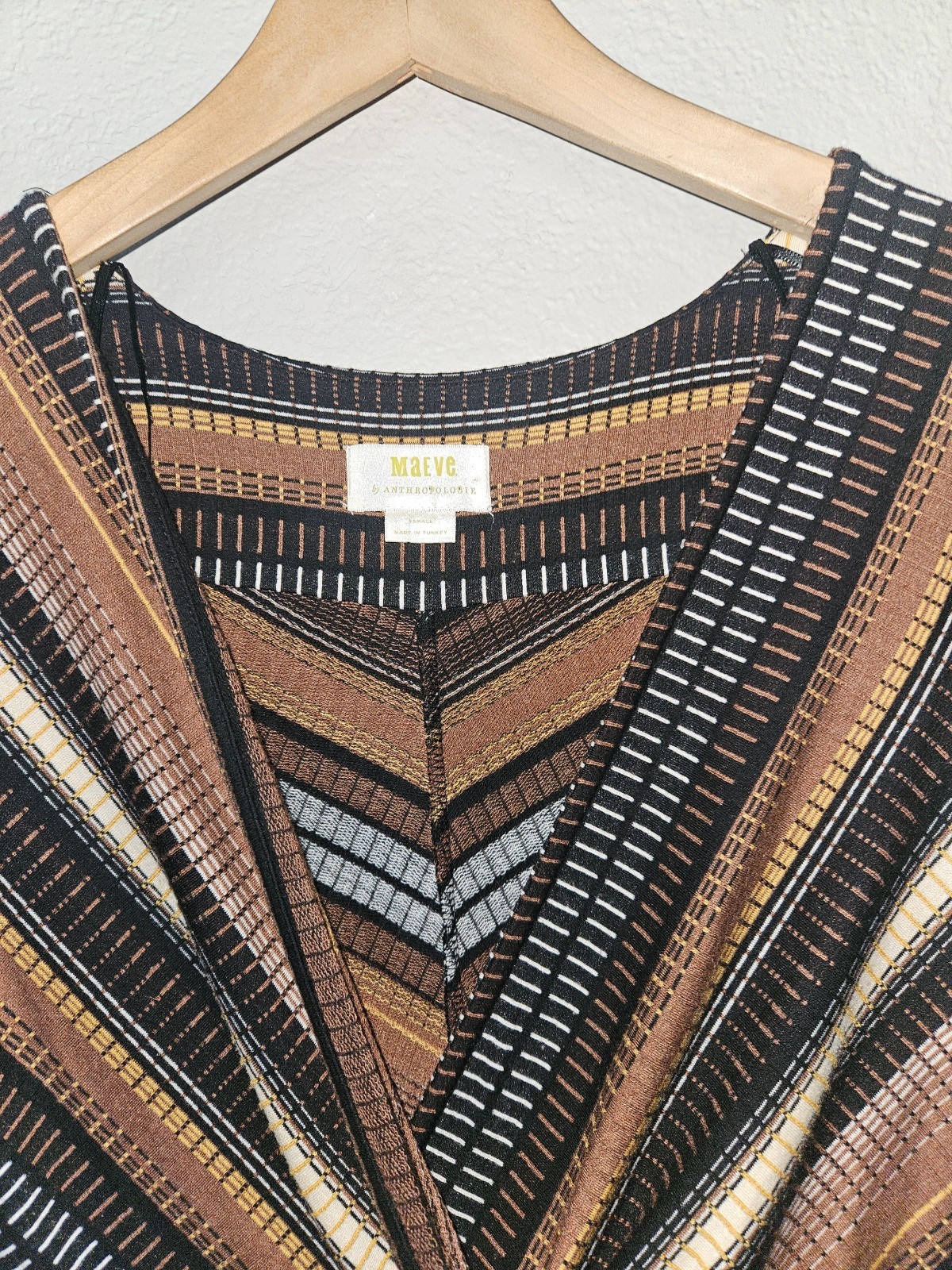 Maeve Striped Wrap Midi Dress XS Textured Brown Black Gold 70s Mod Anthropologie