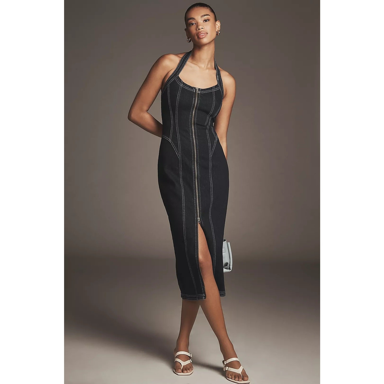 New Anthropologie Pilcro Front-Zip Halter Denim Midi Dress $178 MEDIUM Dark Blue