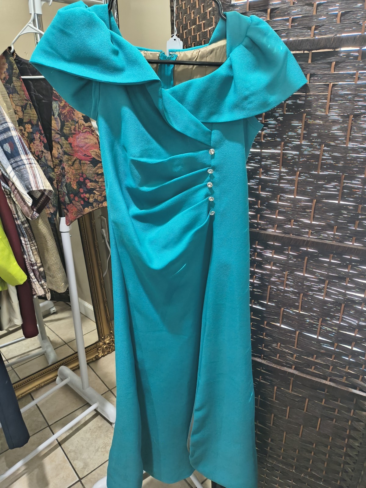 Women’s XS Teal Off Shoulder Dress Diamond Accents Zip Back Vintage 80s