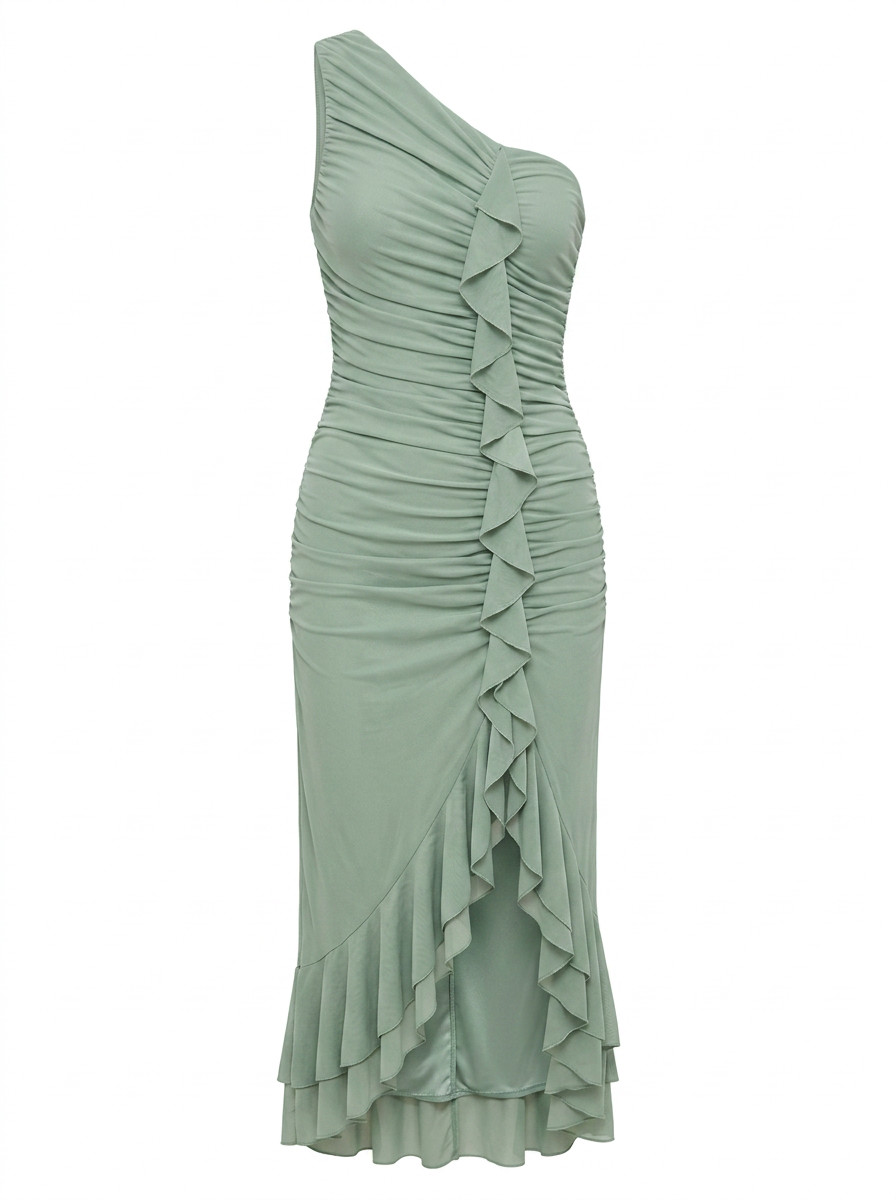 Romantic Sage Ruffled One-Shoulder Dress