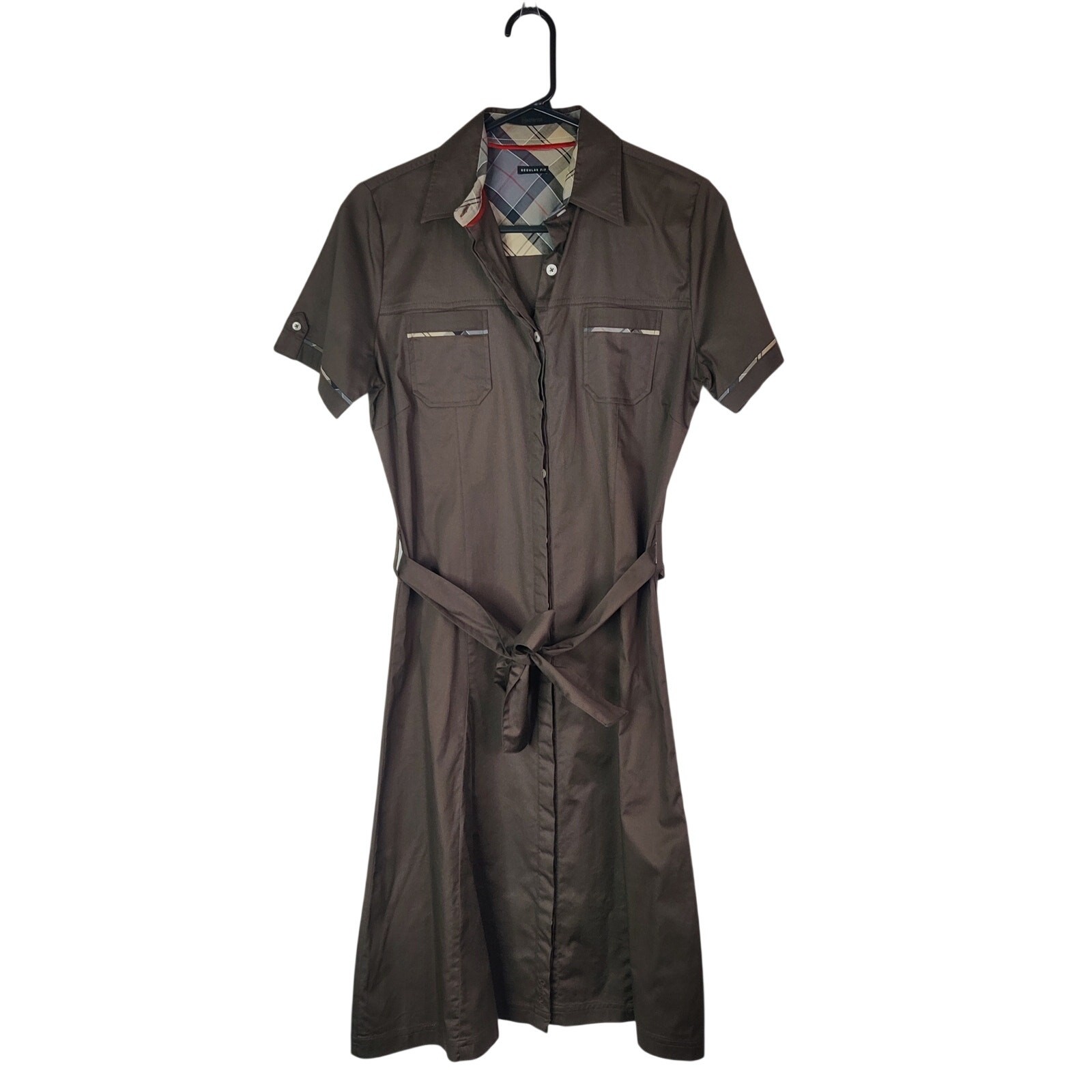Barbour Brown Cotton Sateen Safari Shirt Dress Medium Preppy Plaid Check Trim
