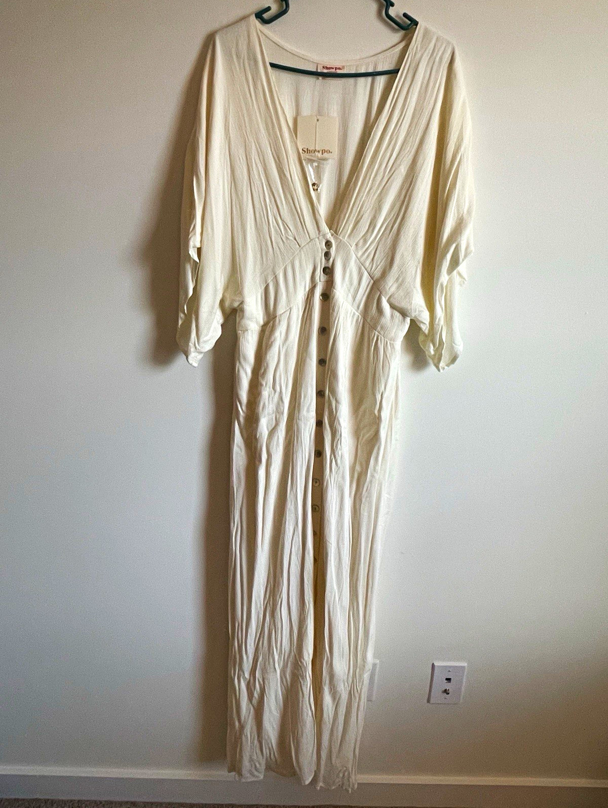 Showpo White Rayon V-Neck 3/4 Kimono Sleeve Button Wide-Leg Jumpsuit US 14