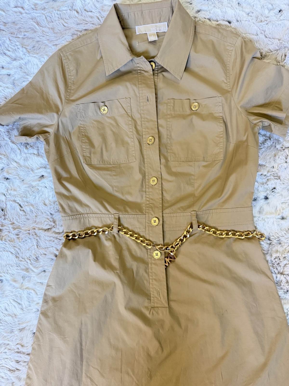 Michael Kors Beige Shirt Dress 2 Short Sleeve Button Front Chain Belt Pockets