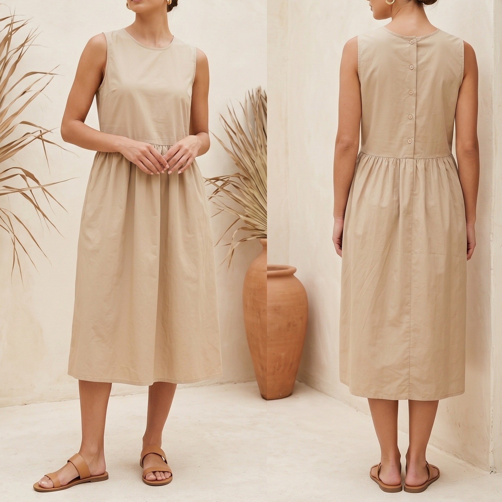 Korean Fashion Steady Seller Beige Button Back Midi Dress Sleeveless Pocket