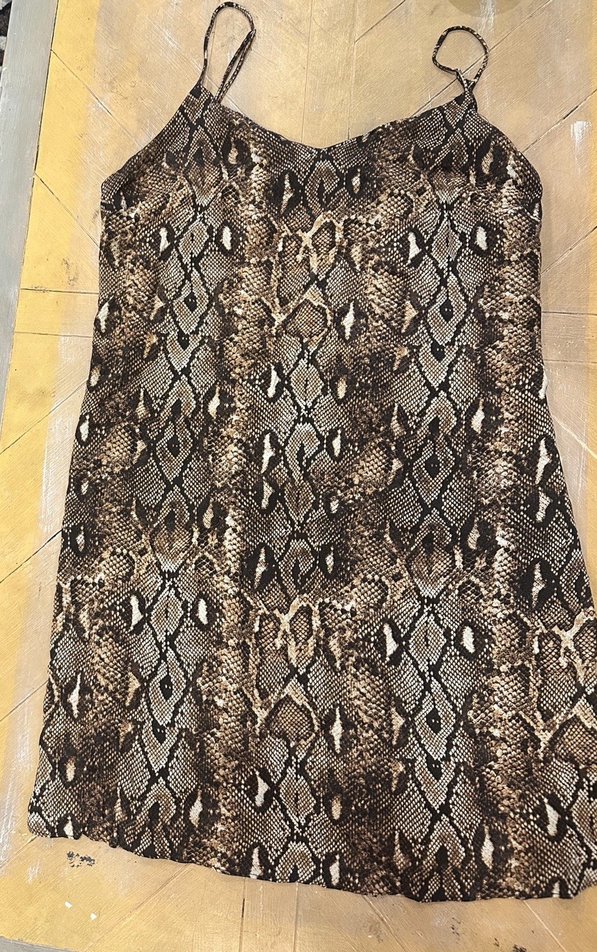 GB Snakeskin Print Slip Dress Women’s Medium Brown Spaghetti Strap Mini Dress