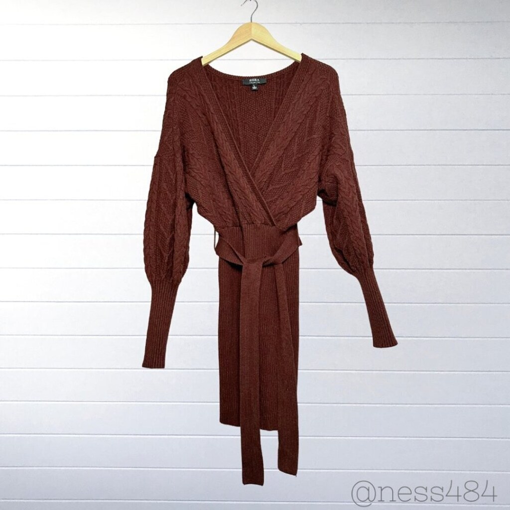 HERA Collection Cable Knit Wrap Sweater Dress Belted Long Sleeve Brown Size L