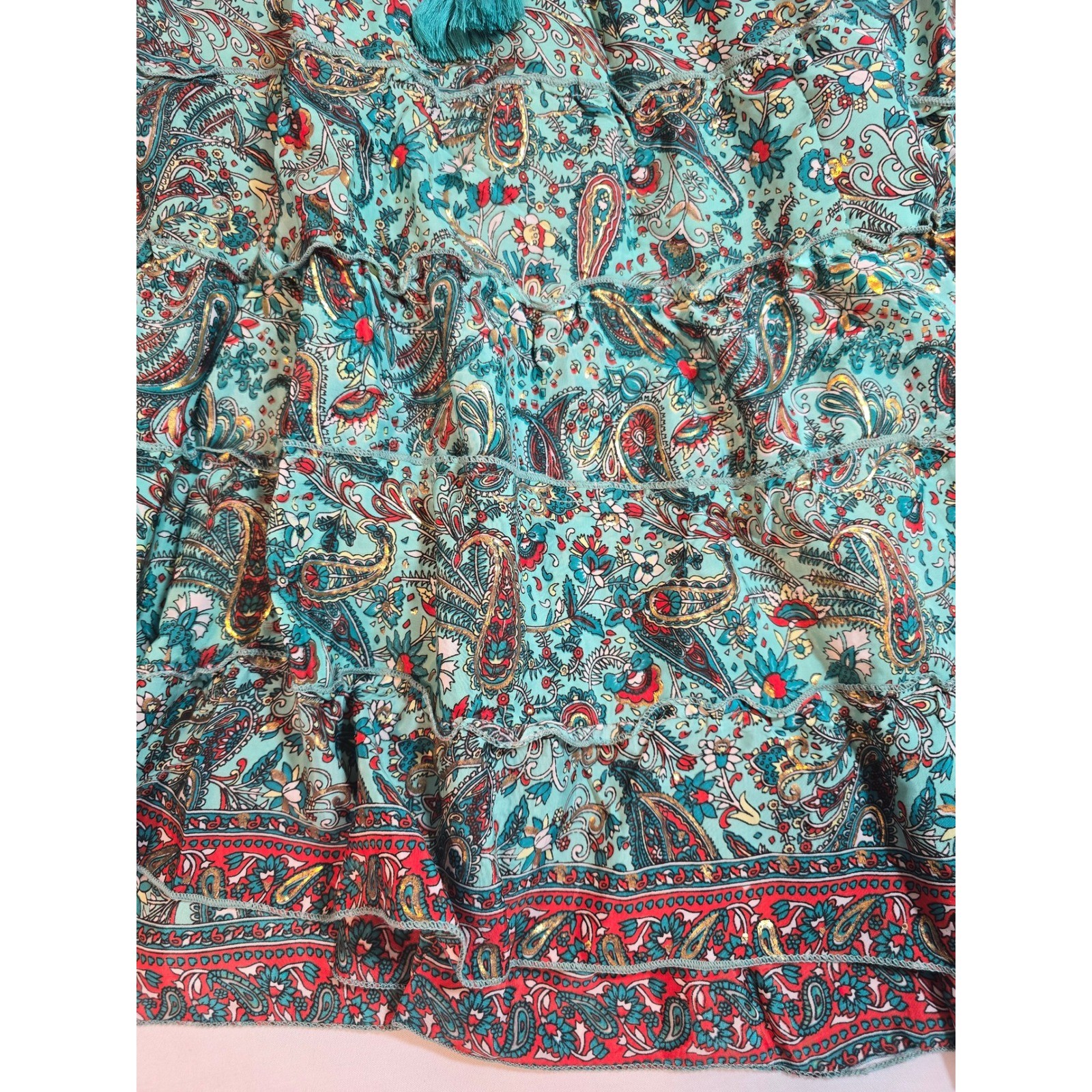 White Waves Teal Paisley Silk Blend Boho Maxi Dress L/XL Tassels Gold Foil India