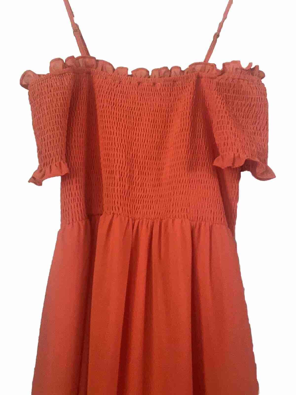 She + Sky Coral Red Off-the-Shoulder L Midi Dress Spaghetti Straps Summer Dress