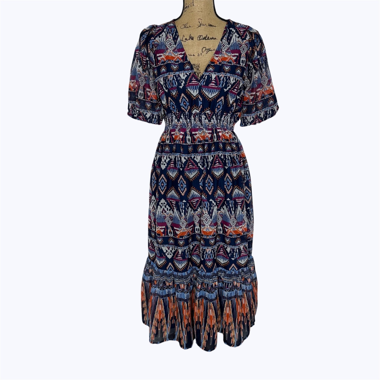 Old Navy Midi Dress Blue Chiffon Smocked Pockets Tribal Aztec Southwest Sz S