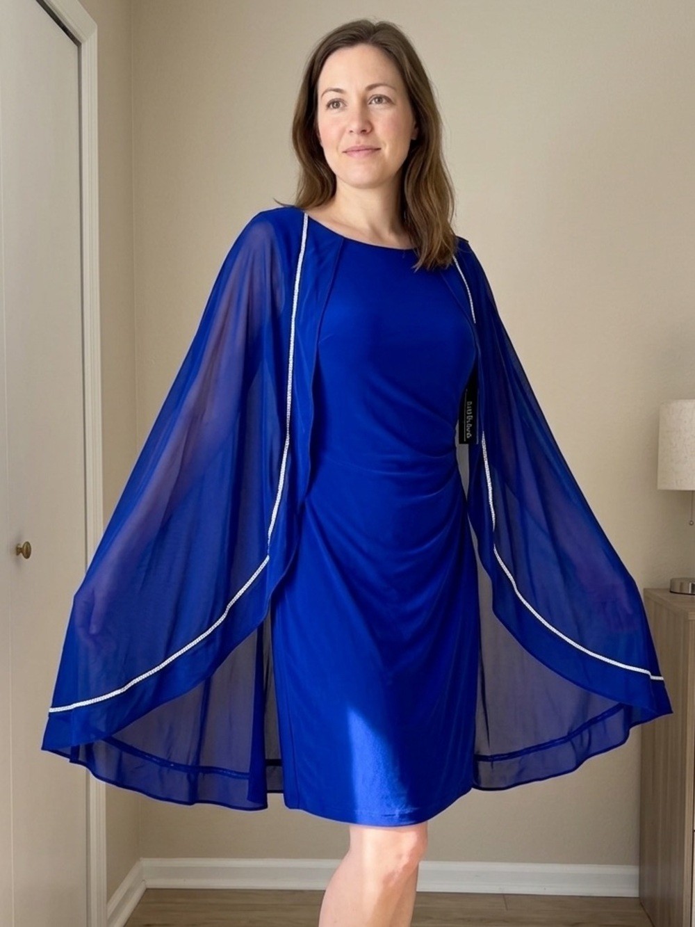 R&M Richards Electric Blue Chiffon Cape Rhinestone Cocktail Dress Size 14 NWT