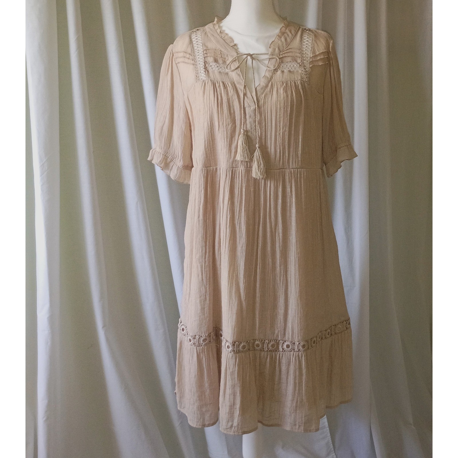 Indigo Rose Tan Crinkle Gauze Cottagecore Milkmaid Crochet Lace Mini Dress XL