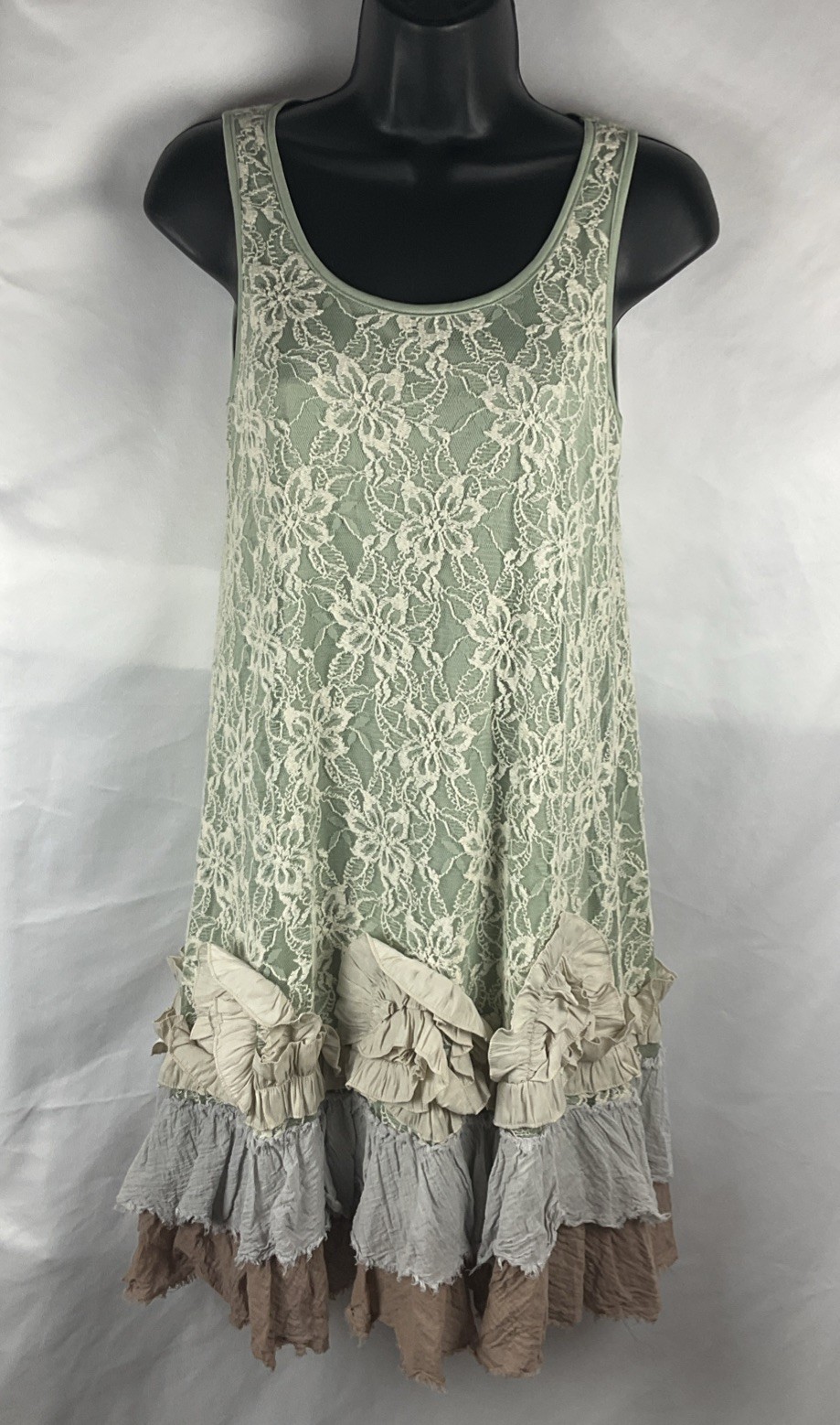 Altar’d State Women’s Small Lace & Ruffle Sage Green/Cream Boho Sleeveless Dress