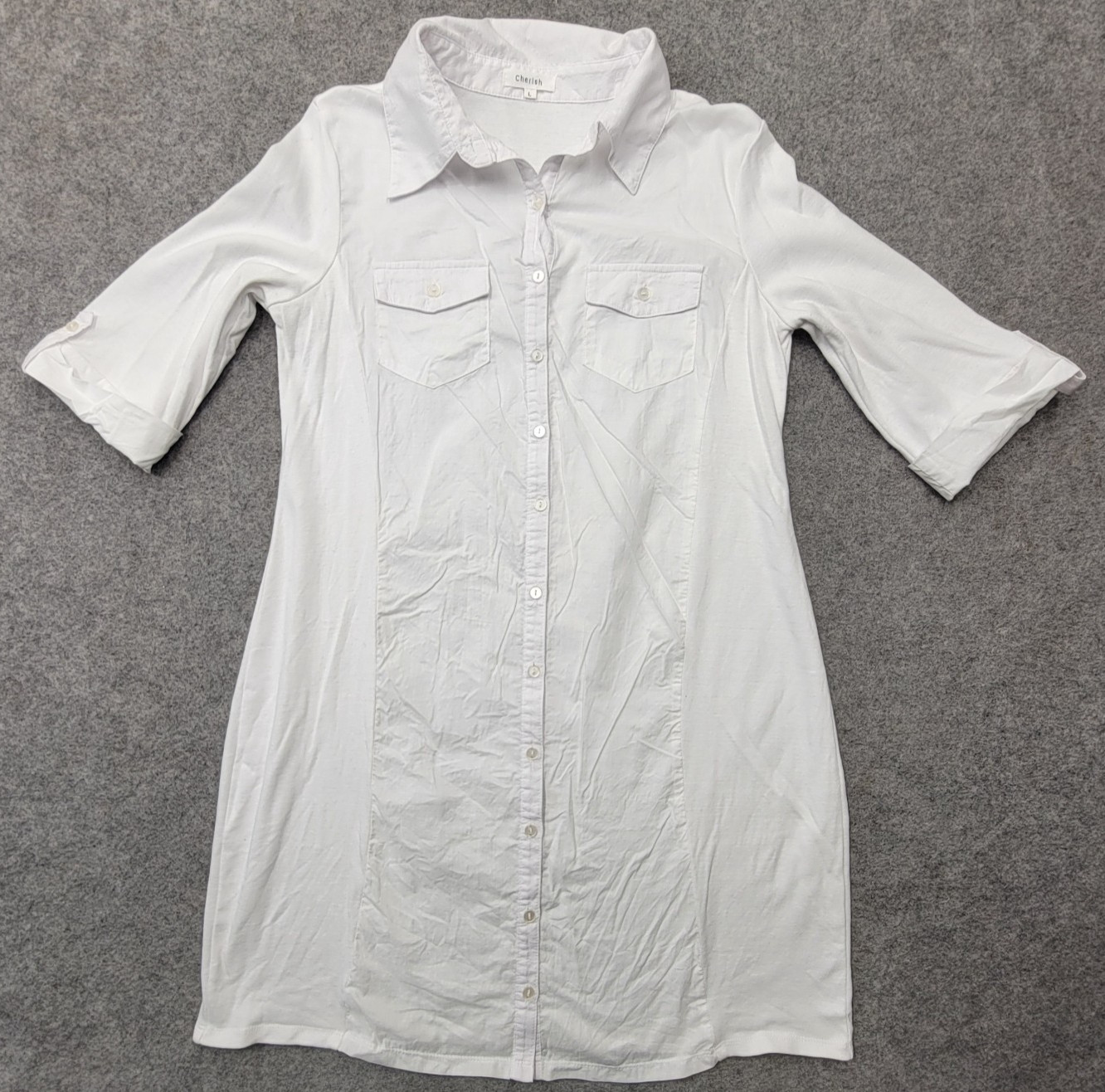 Cherish Womens White Short Shirt Dress Size L Shortsleeve Button Up Very Soft