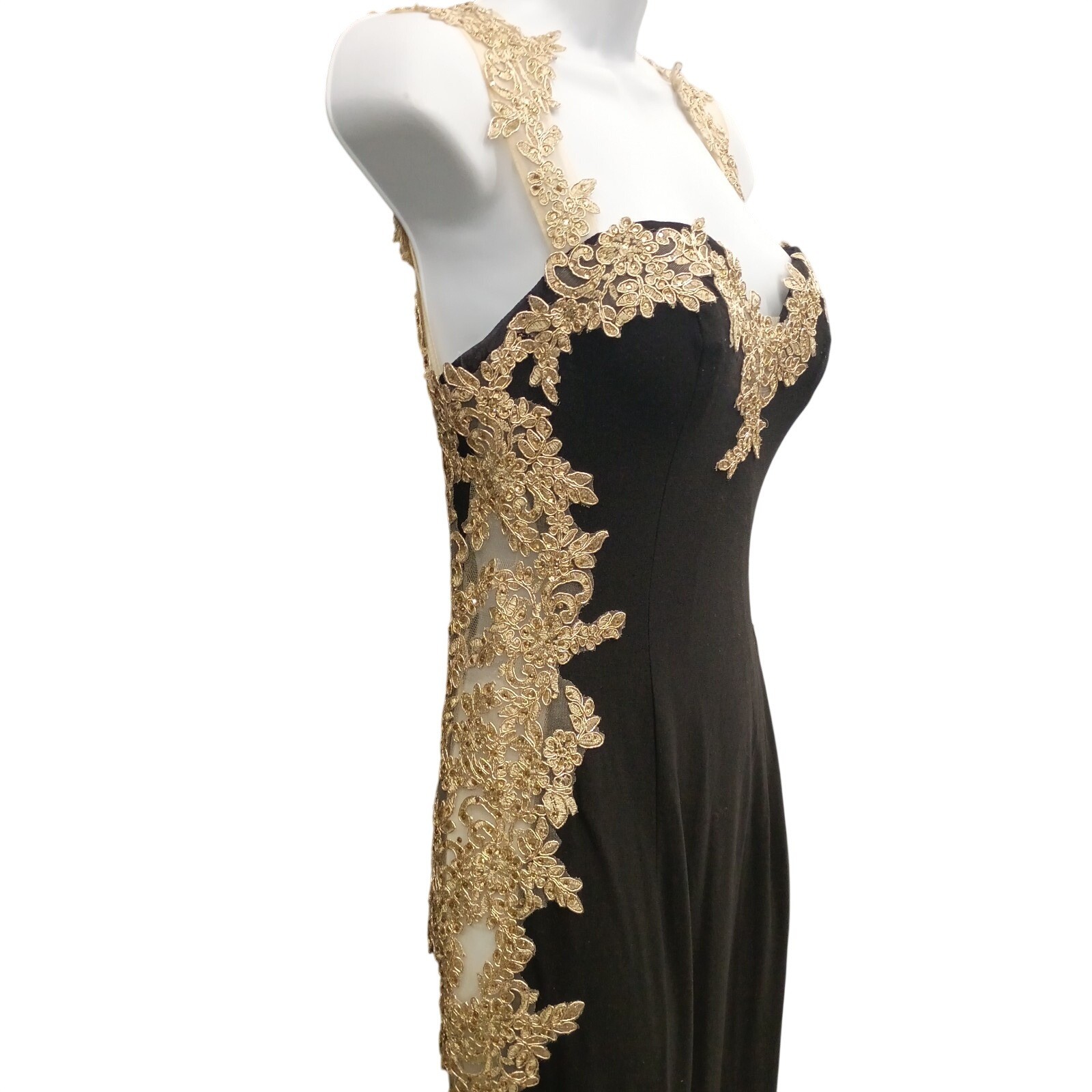 Cinderella Divine Womens 6 Black Gold Lace Column Prom Red Carpet Gown Dress