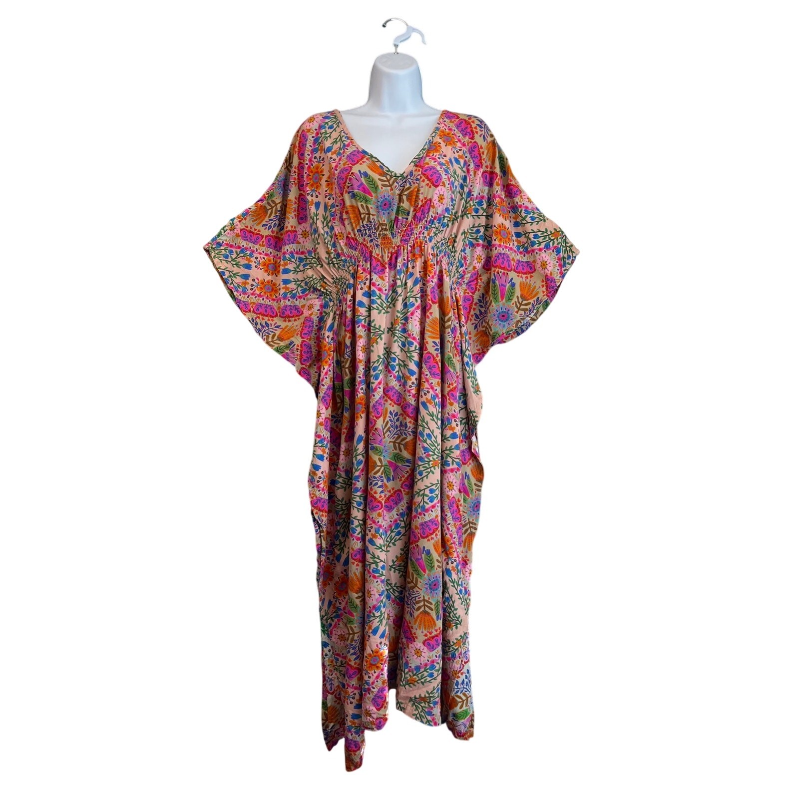 Natural Life Womens L Sanibel Kaftan Maxi Pink Floral Diamond Boho Coastal Cool