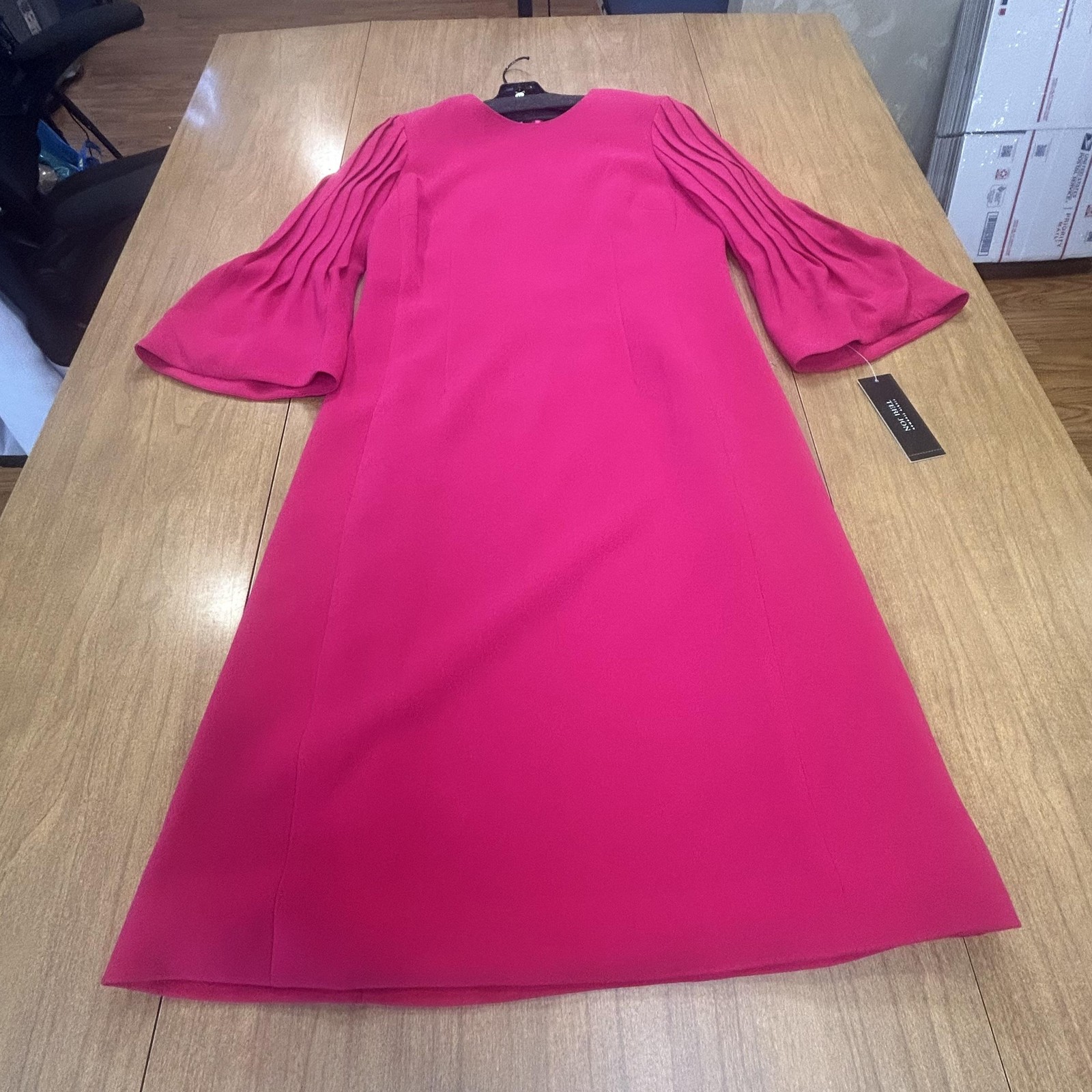 Teri Jon Dress Womens 6 Pink Pleated Bell Sleeve Shift Knee Length Formal Party
