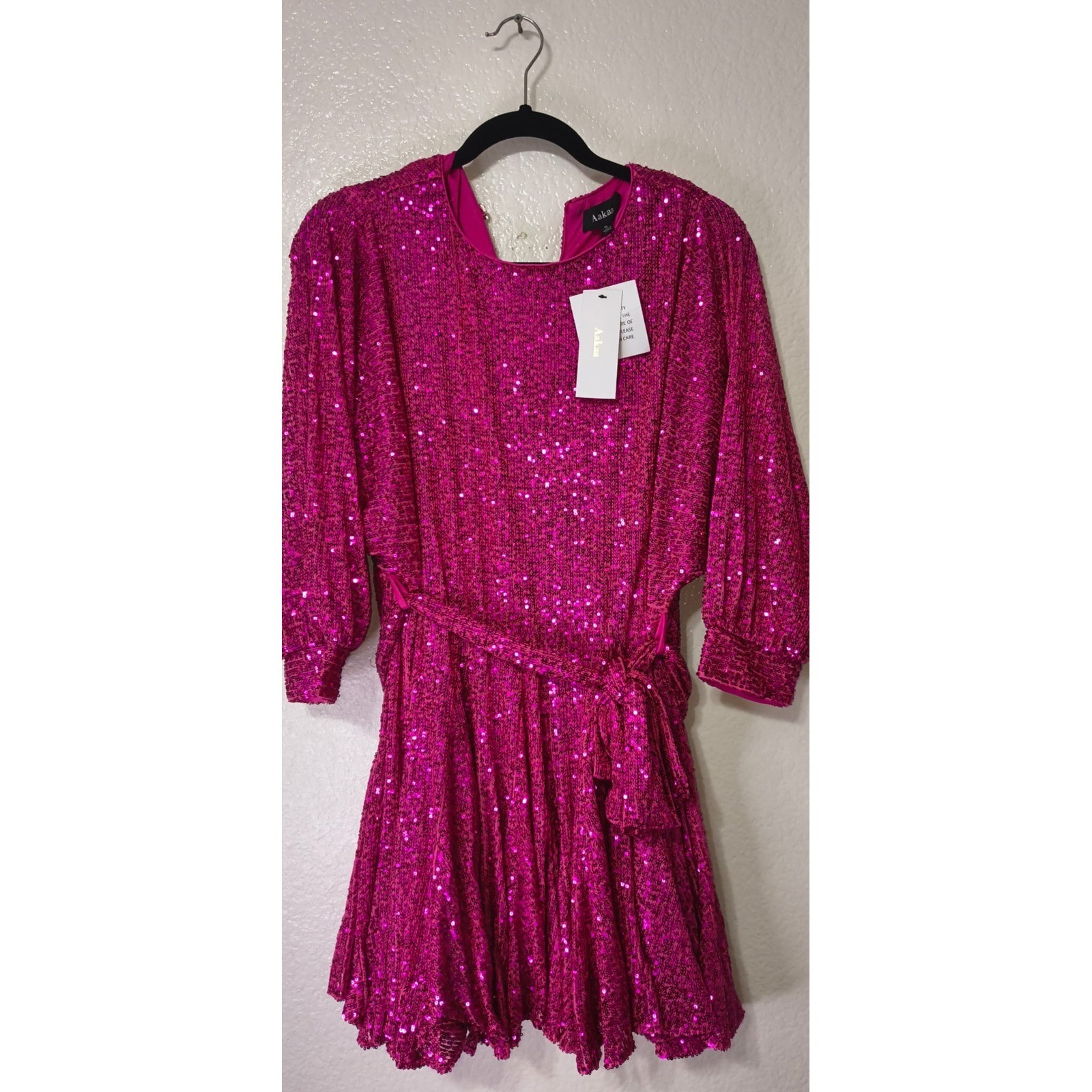 Aakaa Womens Pink Sequin Tie Waist Mini Dress 3/4 Party Cocktail NWT (24)