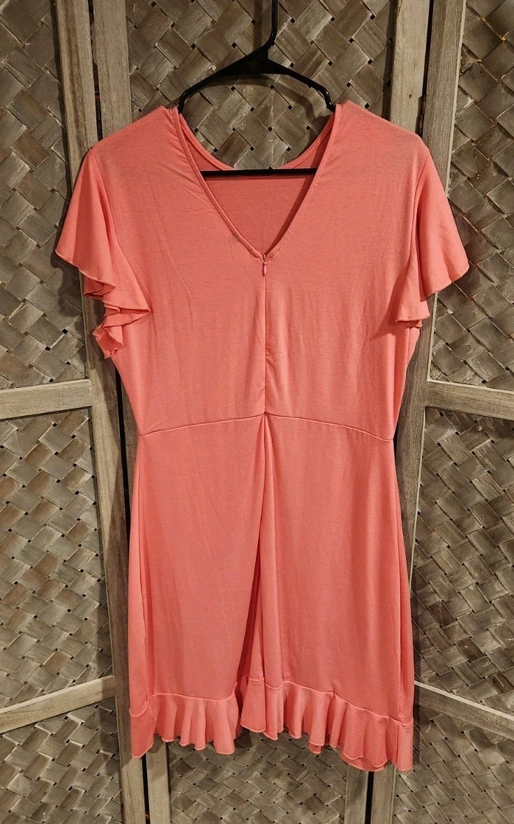 Women’s Short Sleeve Open Crew Neck Ruffled Hem Ponte Shift Dress Large