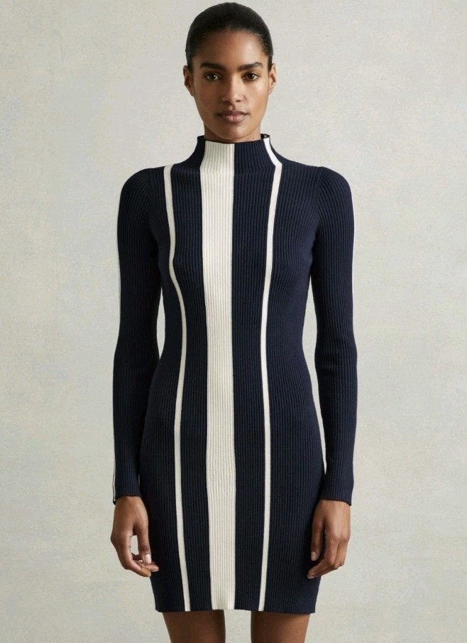 Reiss Kelli Ribbed Striped Mini Dress, Navy/Cream – Size M
