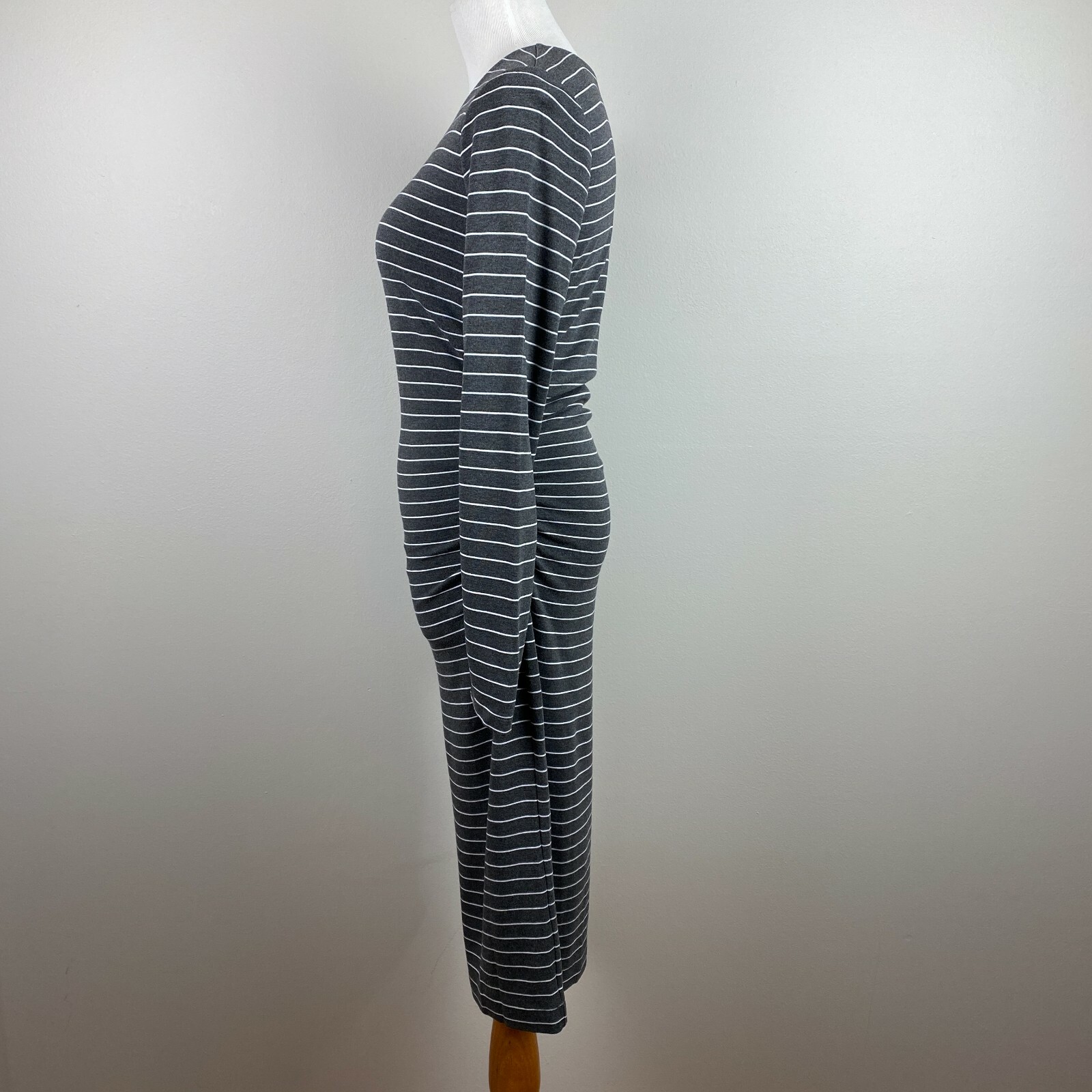 Ann Taylor Dress Small Gray White Stripe Sheath Ruched Waist Long Sleeve Career