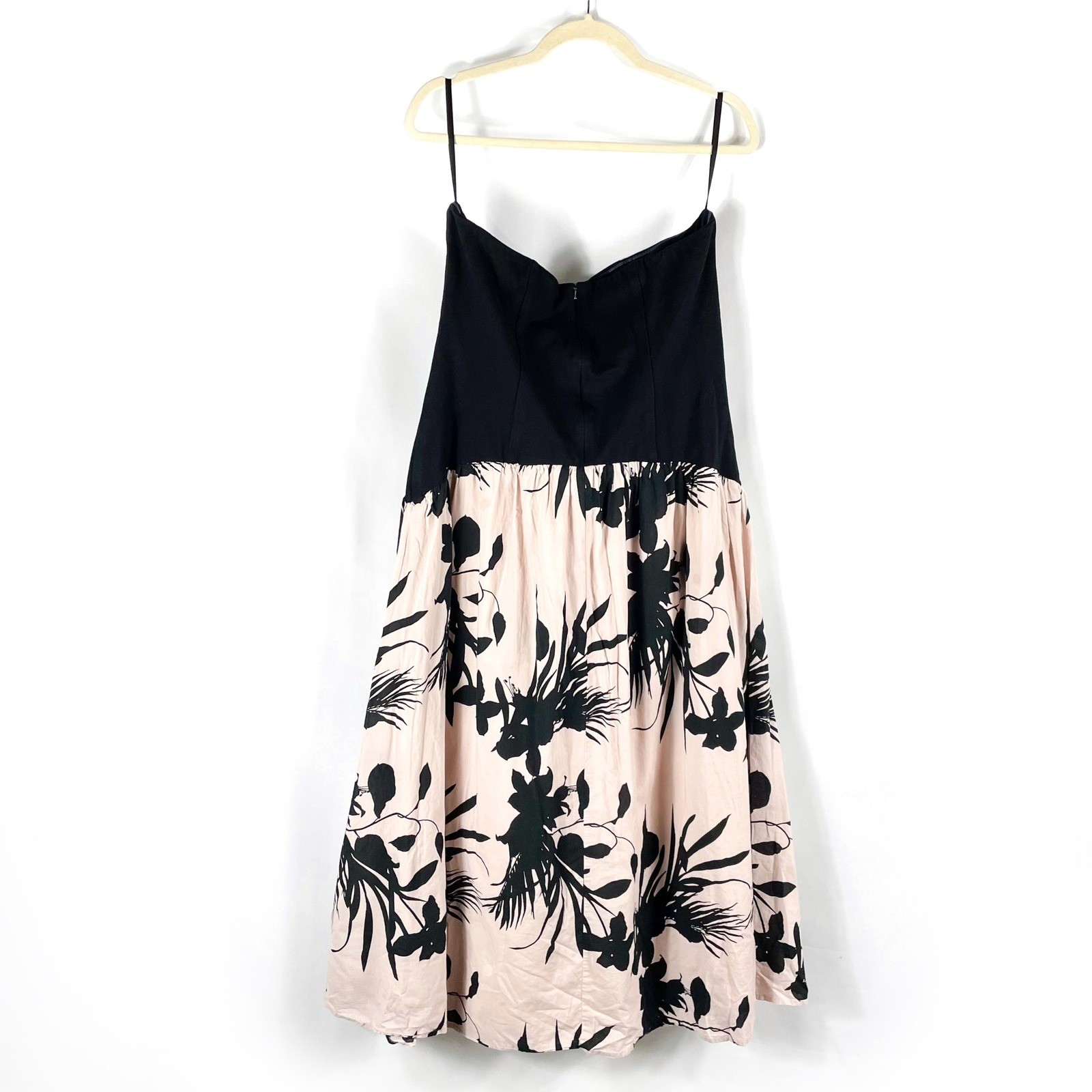 Love, Whit Strapless Drop Waist Dress Black Pink Floral Print Midi Sz XL