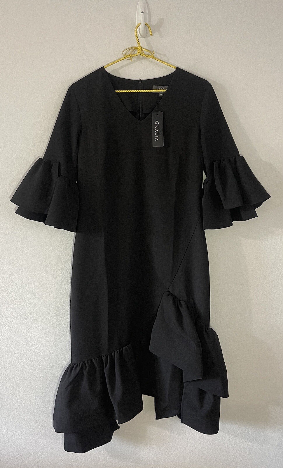 NWT Gracia Asymmetrical Ruffle V-Neck Dress Classic Little Black Dress Medium