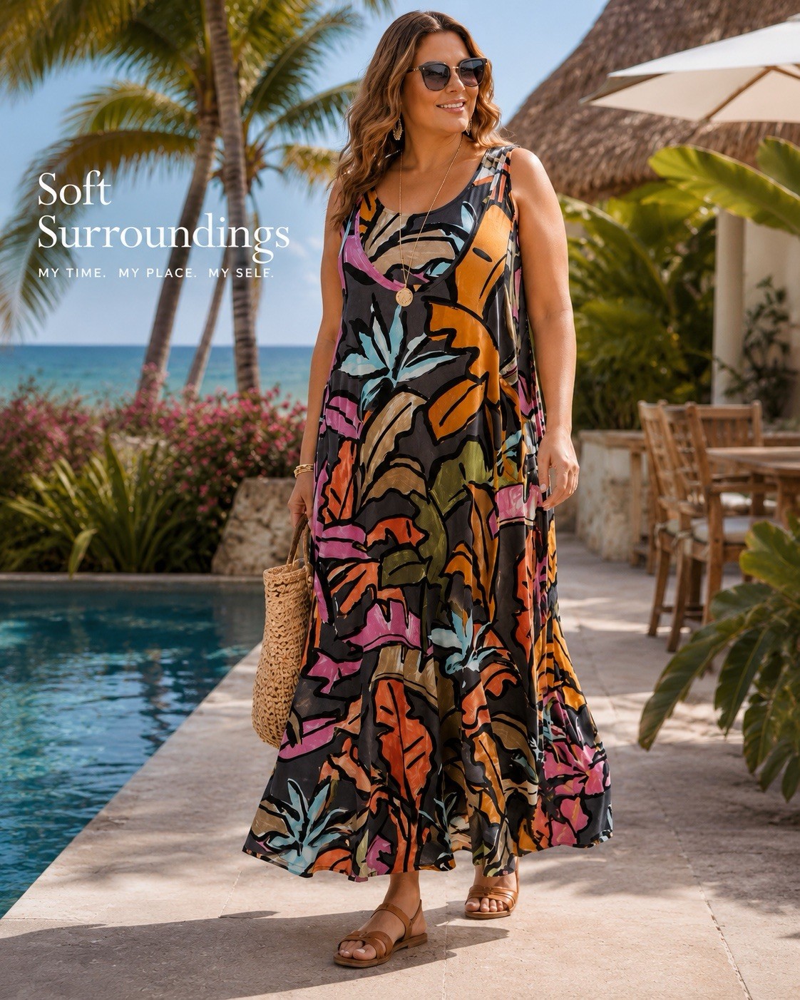 Soft Surroundings Joylyn Cinched Waist Maxi Dress 2X Tropical Palm Print Boho B2