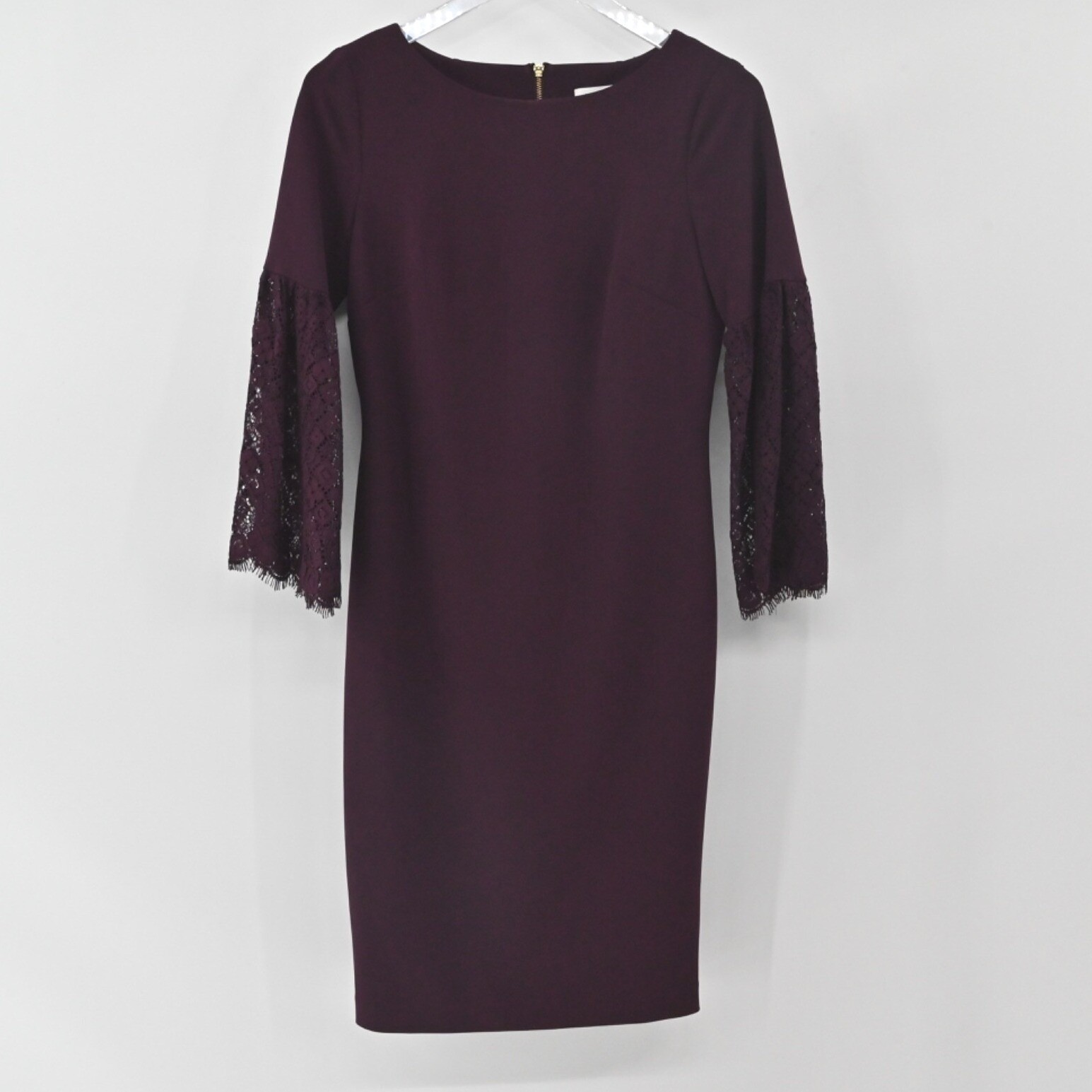 Calvin Klein Burgundy Sheath Dress Size 4 Lace Bell Sleeve Sheath Moody Romantic