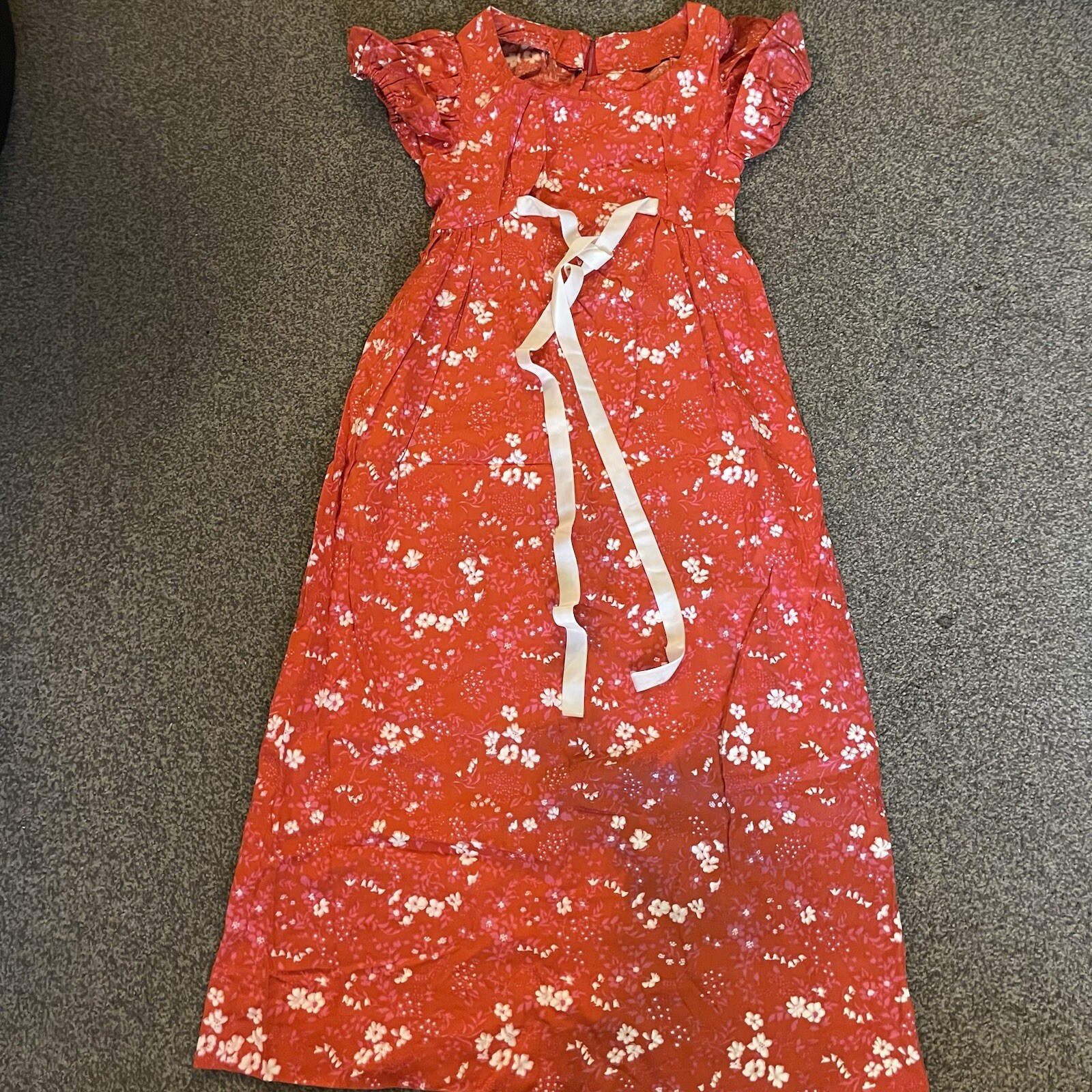 Vintage Handmade Long Dress 10 Red Pink White Floral Pattern Approx 30” Bust