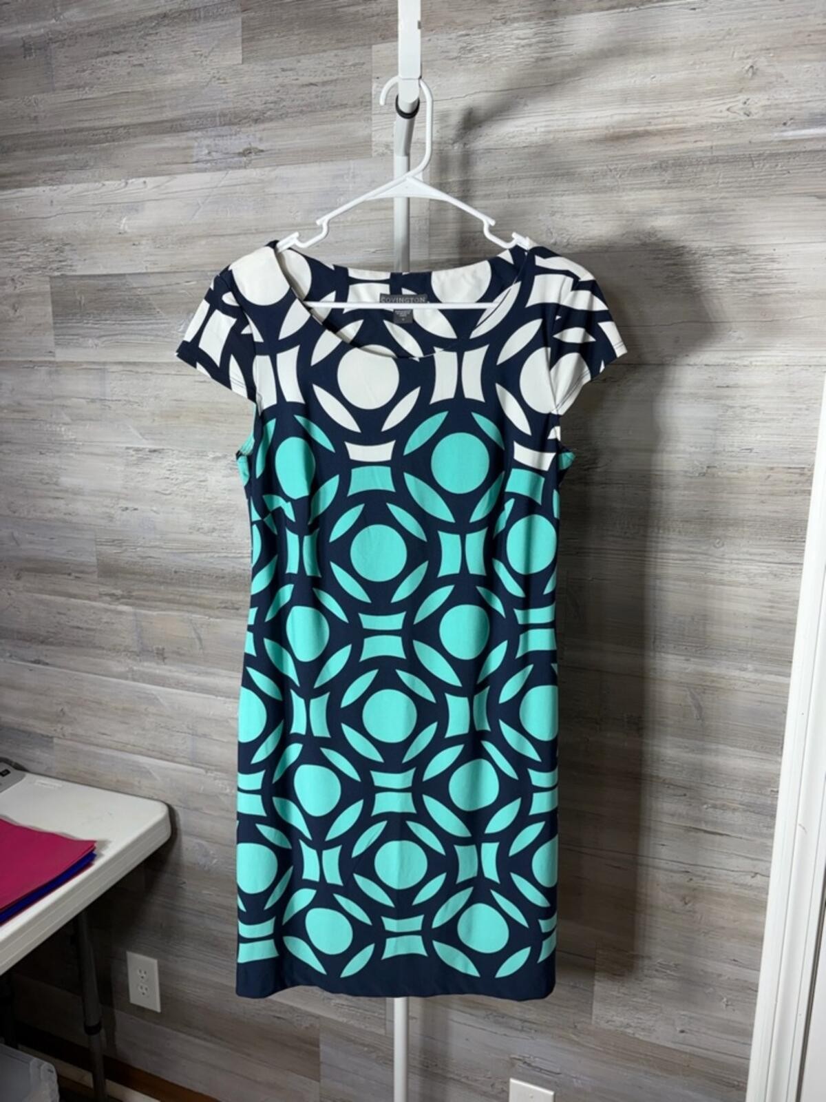 Covington Geometric Cap-Sleeve Midi Dress in Navy, Teal and White 1924