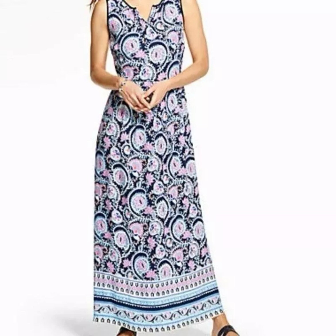 Talbots Blue Pink Paisley Border Hem Sleeveless Maxi Dress Size 12