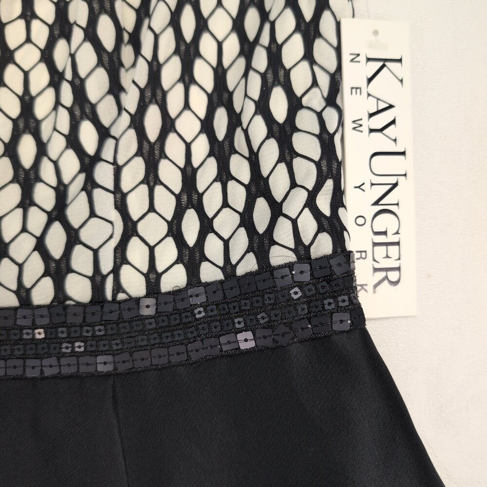 Kay Unger Black & Ivory A-Line Cocktail Dress Size 6 Beaded Waist