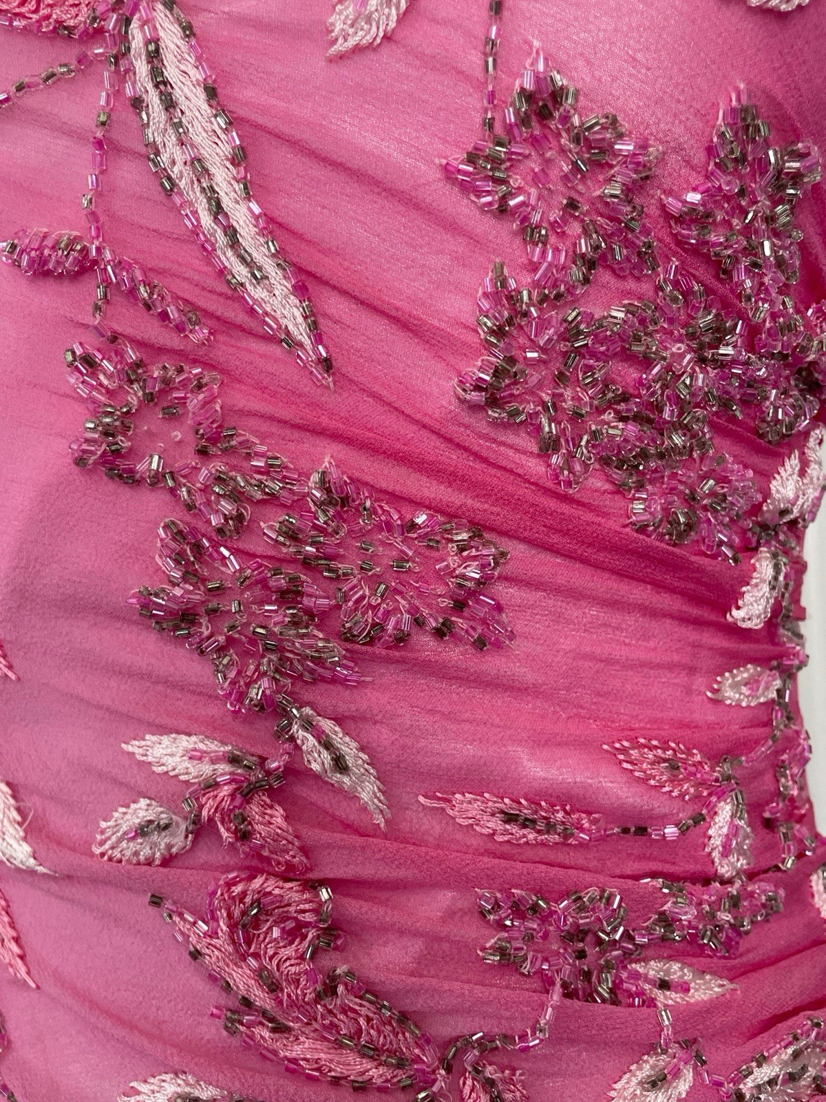 Vintage Y2K Cache Pink white silk ombre floral beaded asymmetric dress fairy XS