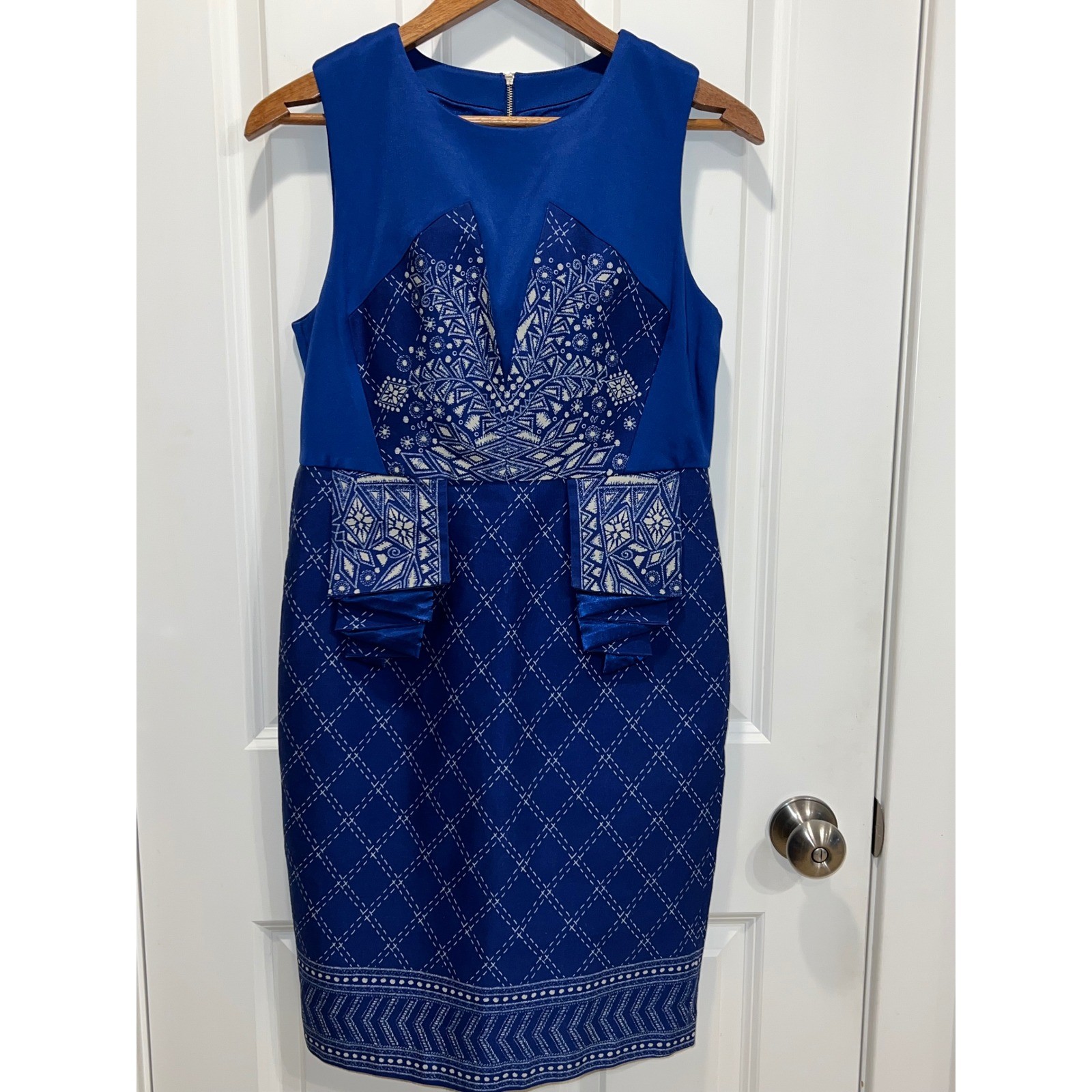 Spiegel Blue Sleeveless Sheath Dress Geometric Pattern and Embellishment Size 8