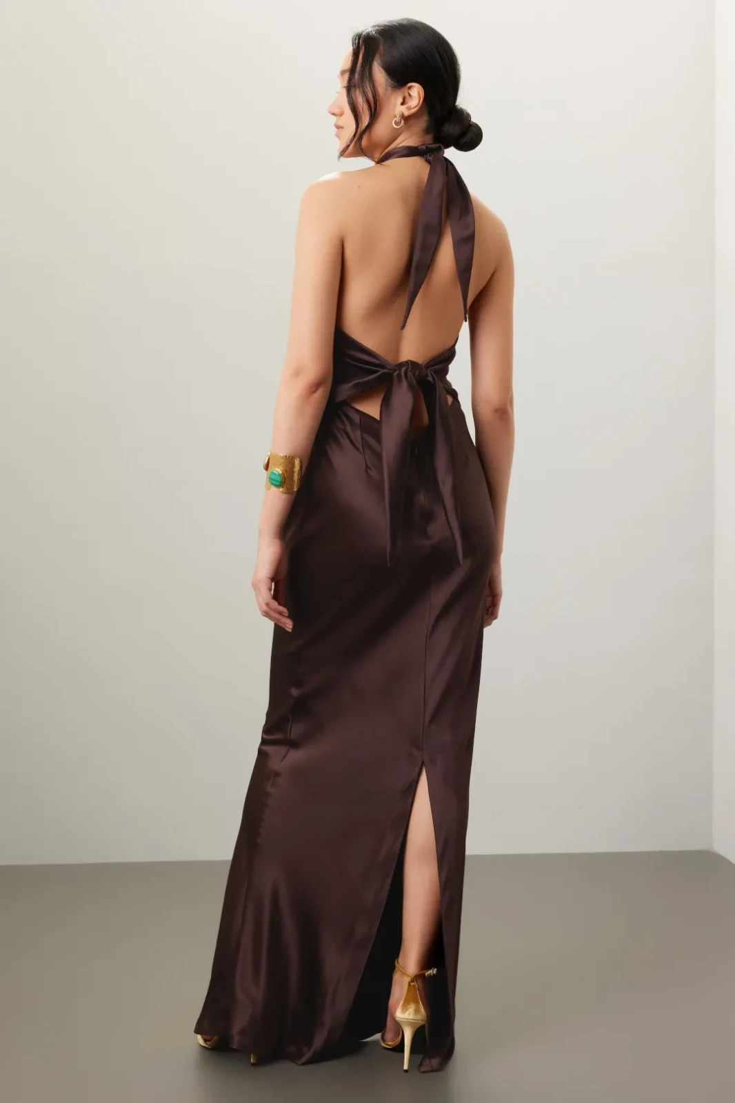 Retrofete Ester Dress Size Large Brown Satin Scarf Tie Back Top Elegant