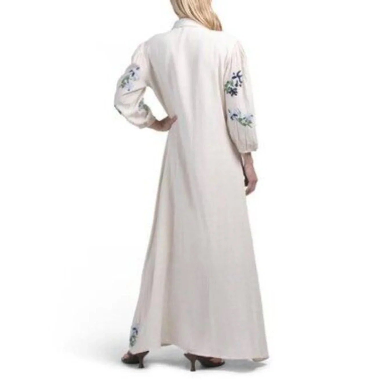 Solitaire Embroidered Linen Cotton Maxi Dress Cream Floral XL NWT