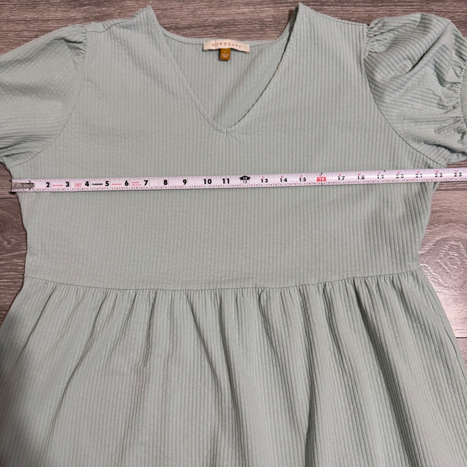 Downeast Cotton Blend Dress Size L Sage Green Ribbed Tiered Babydoll Mini Dress