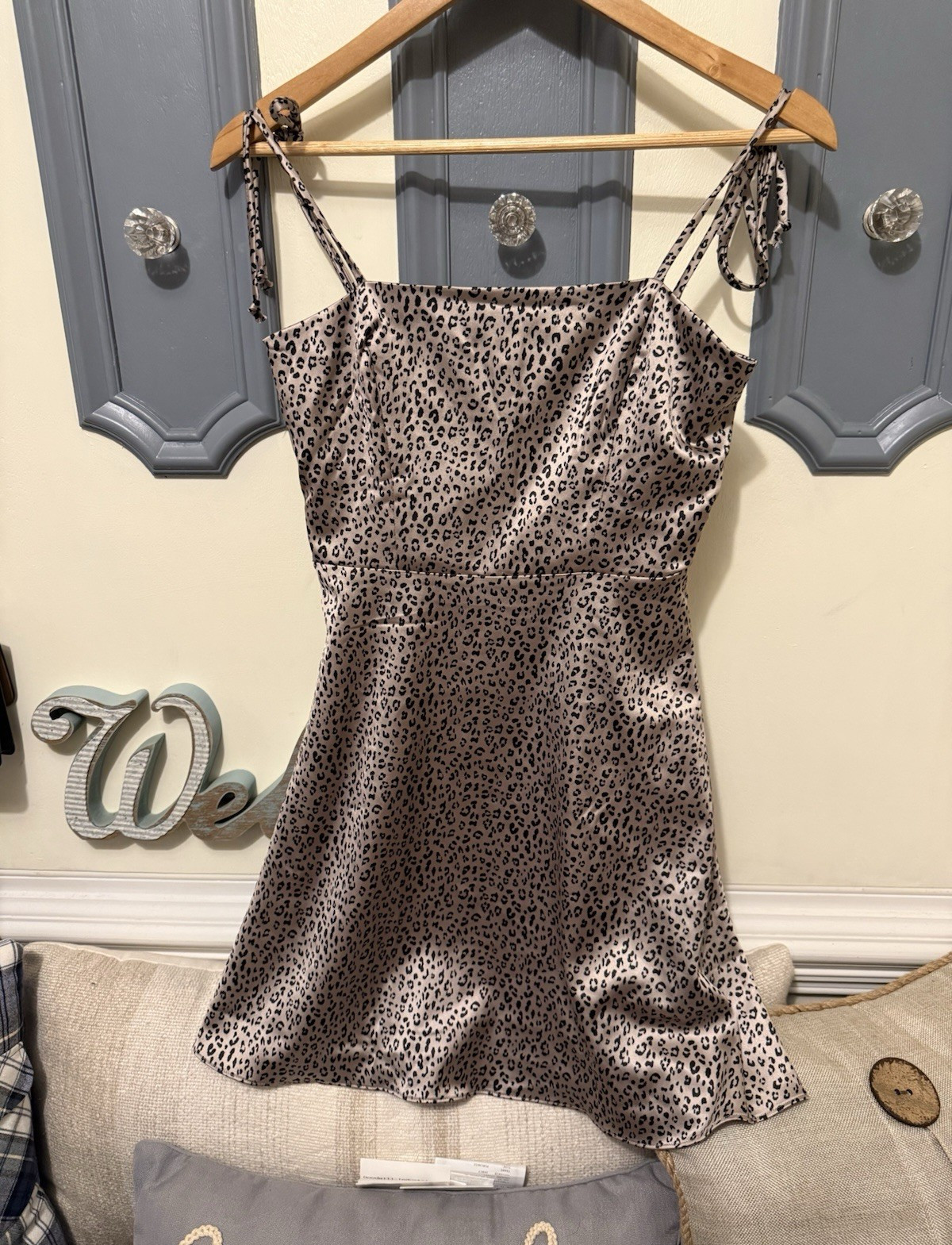Lola Grace Taupe/Black Leopard Satin Slip Dress Square Neck Short Size S