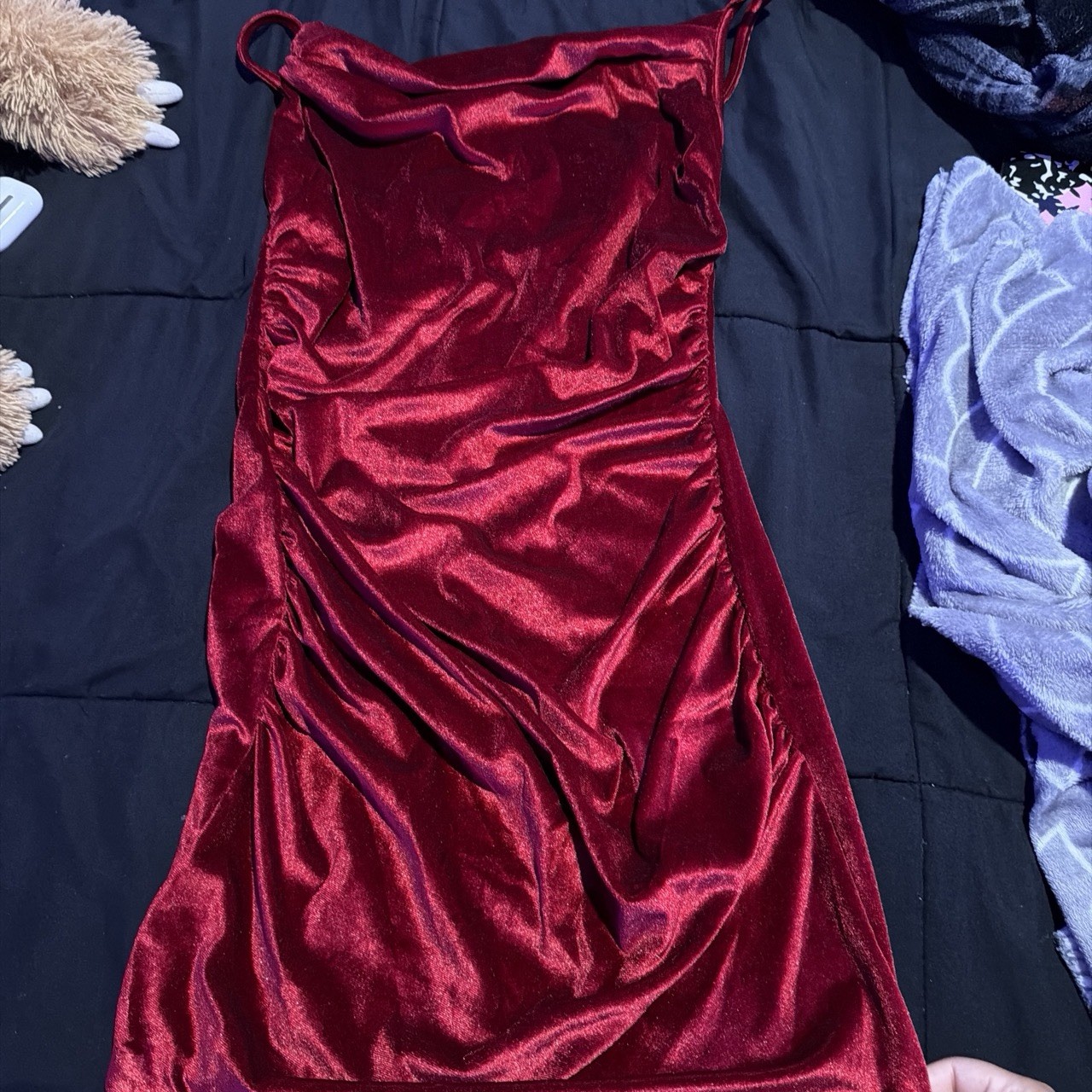 Red velvet mini dress with ruched detailing #party #glamour