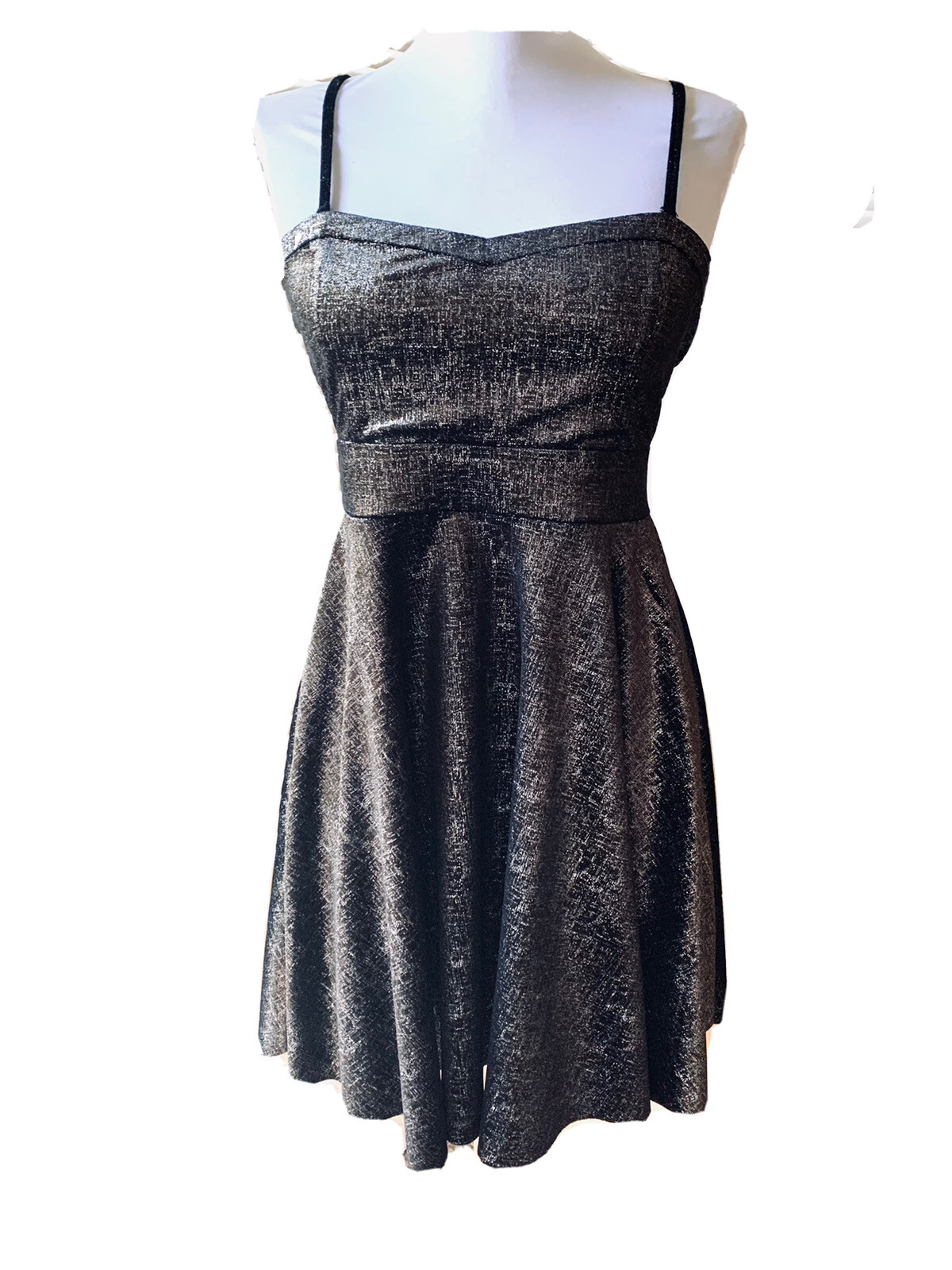 Free People “Shattered Foil” Blk Shimmery Stretch Velour~Hi/Low~Fit & Flare~S