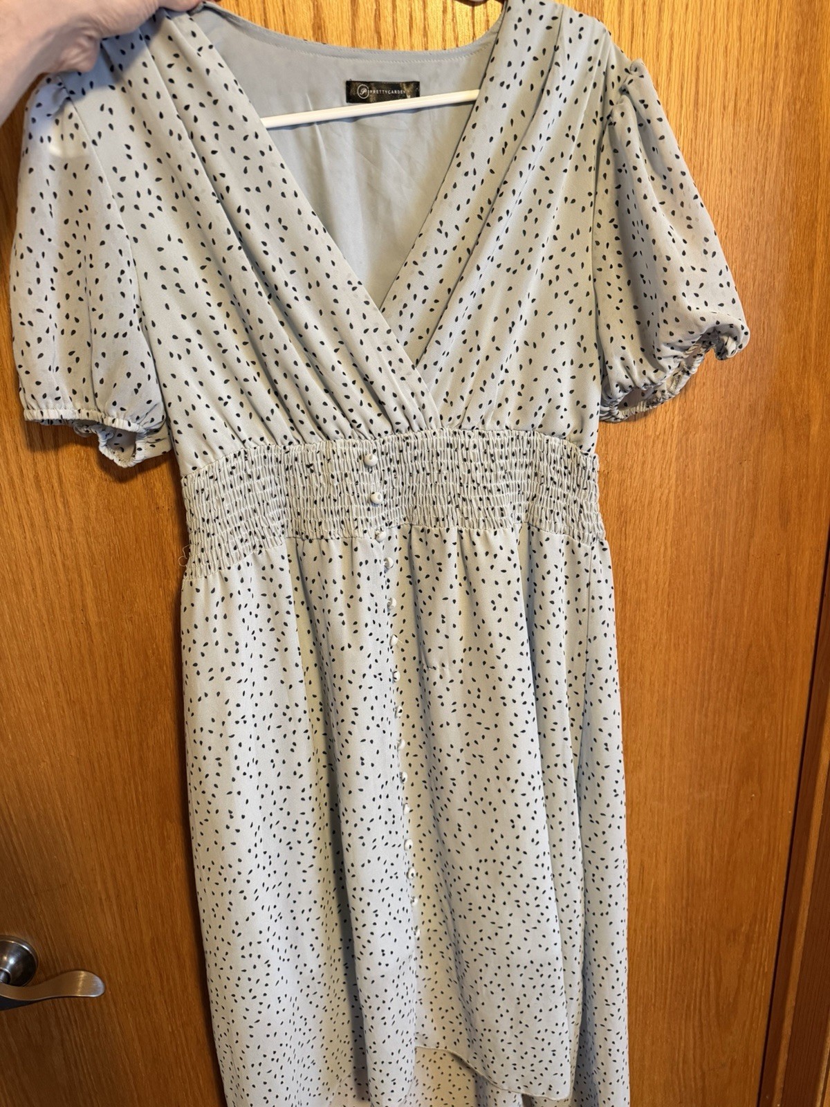 Prettygarden Women’s M Regular Light Blue/Black Polka Dot V-Neck Smocked Dress