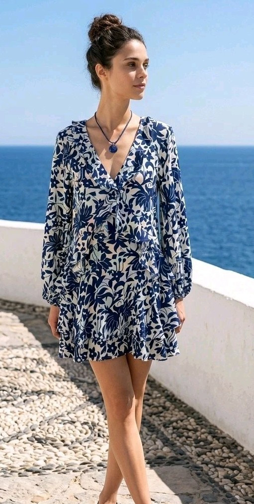 Free People Rebecca Ruffle Dress Blue White Floral Boho Wedding Guest Resort XS